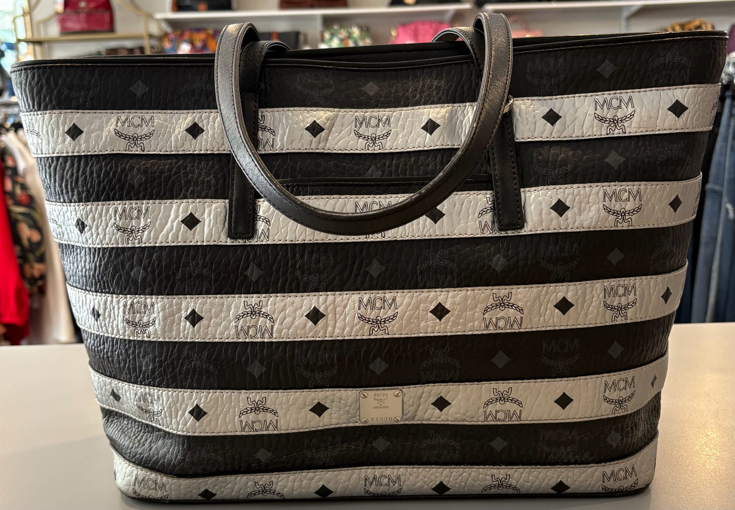 MCM Spot Viseto Black + Silver Metallic Medium Tote Bag