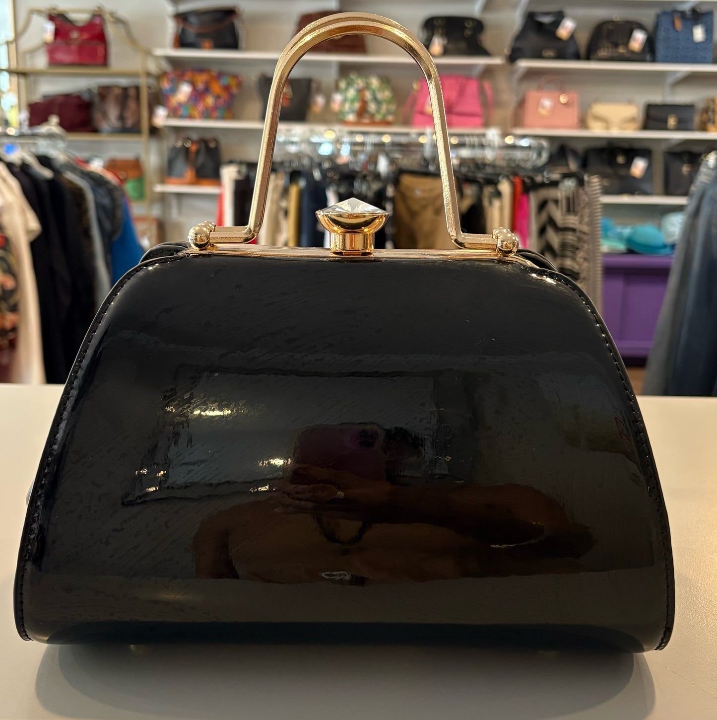 La Terre Black Vegan Patent Leather Handbag with Jewel Detailing