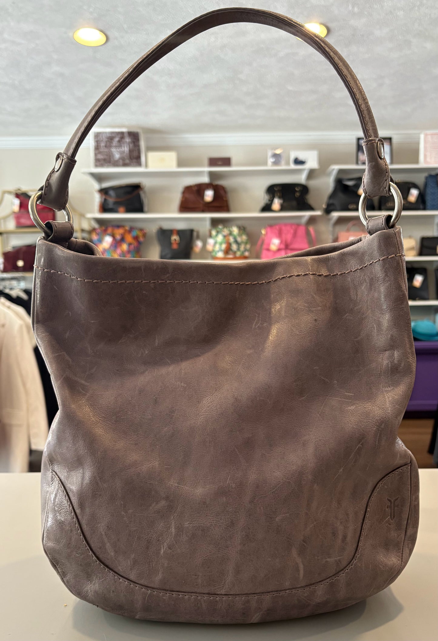 Frye Melissa Gray Distressed Leather Hobo Shoulder & Crossbody Bag