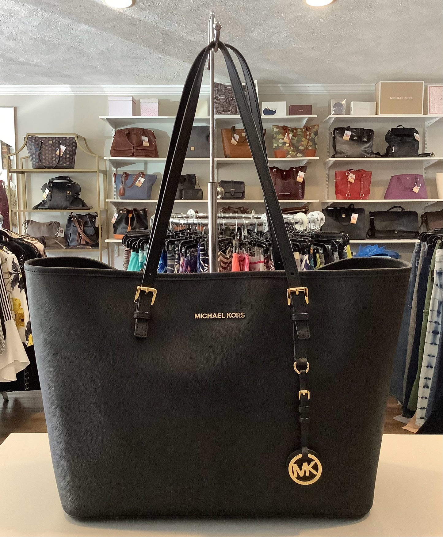 Michael Kors Jet Set Black Saffiano Leather Large Tote with Clip Closure