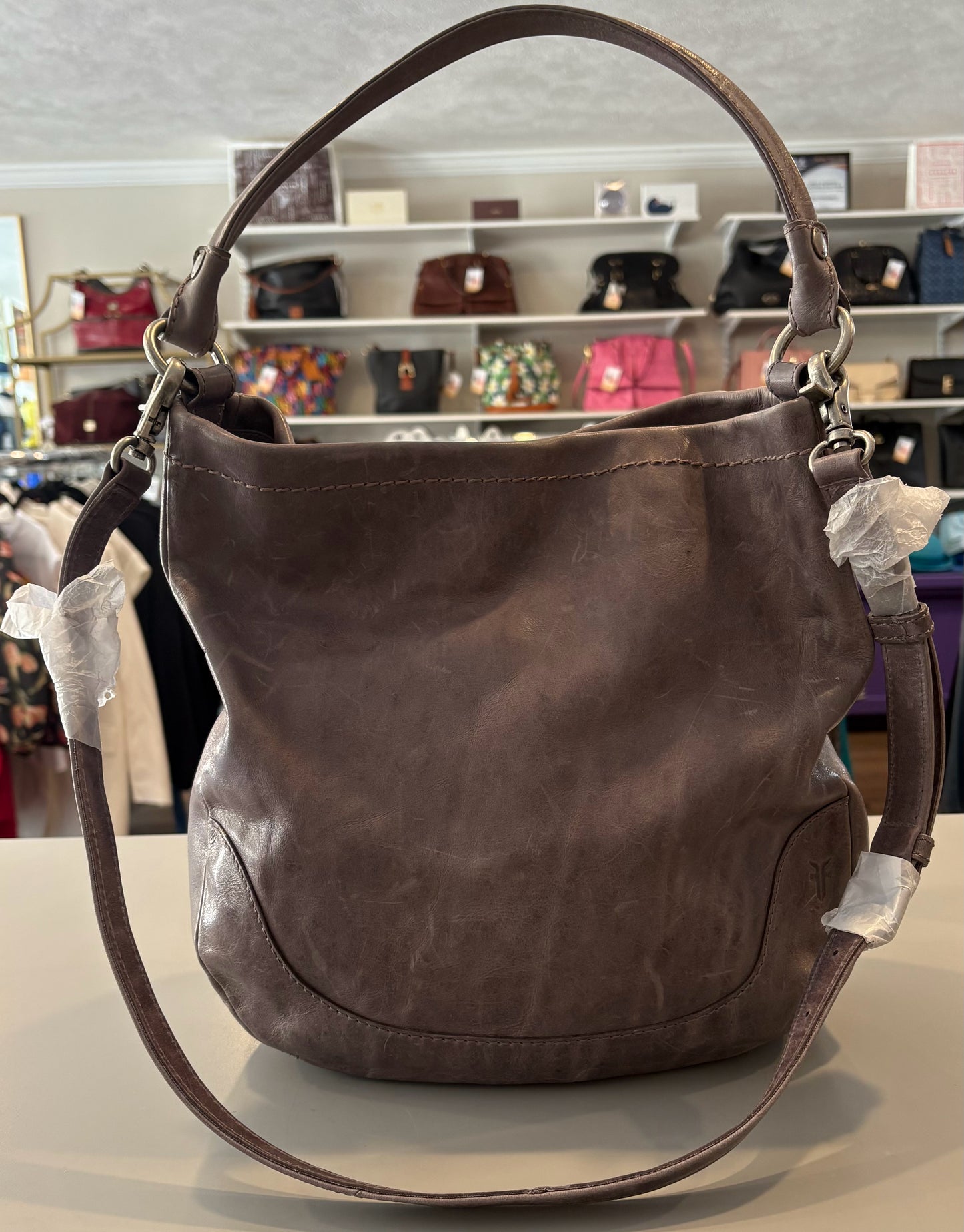 Frye Melissa Gray Distressed Leather Hobo Shoulder & Crossbody Bag