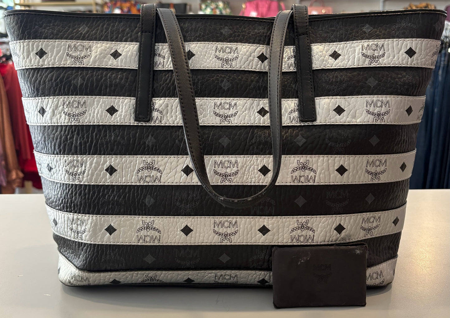 MCM Spot Viseto Black + Silver Metallic Medium Tote Bag