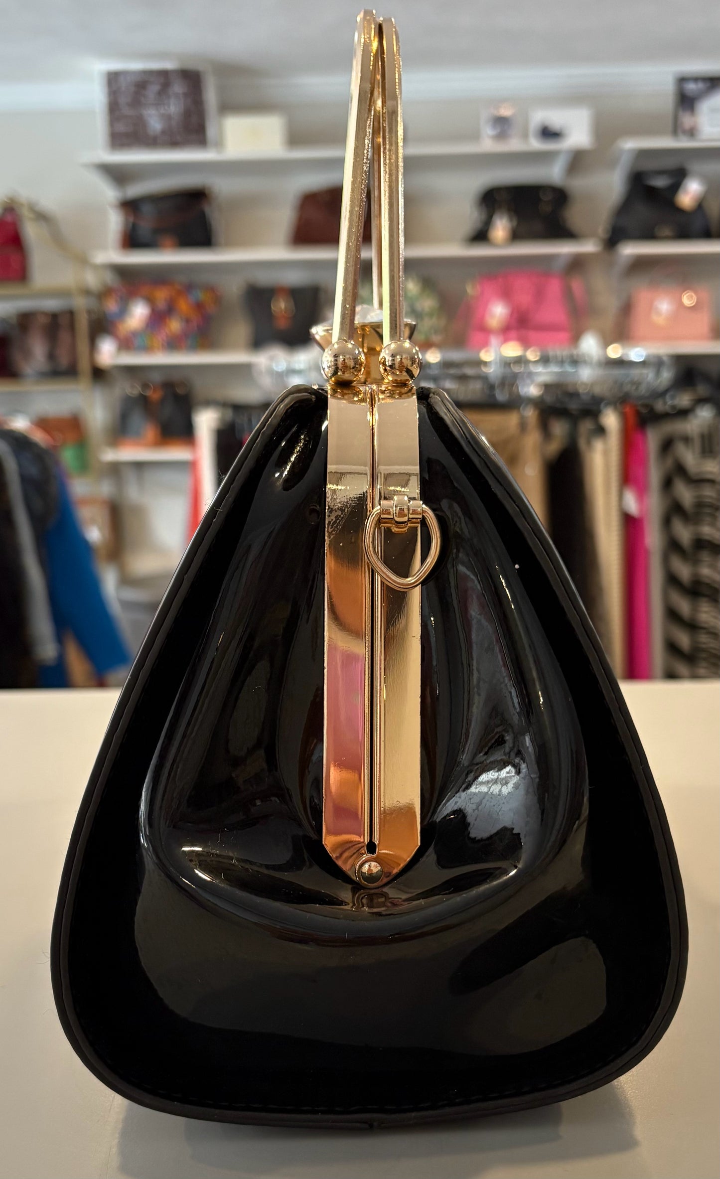 La Terre Black Vegan Patent Leather Handbag with Jewel Detailing