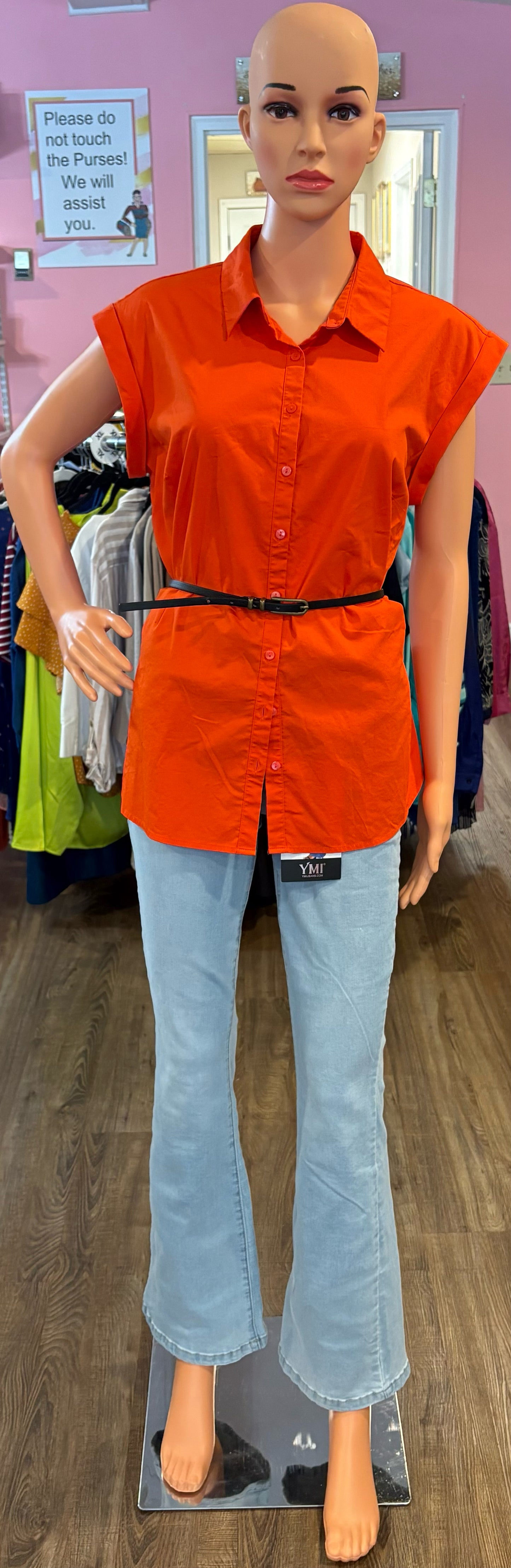 Worthington Dark Orange Short Sleeve Button Down Top with Belt Size:XL