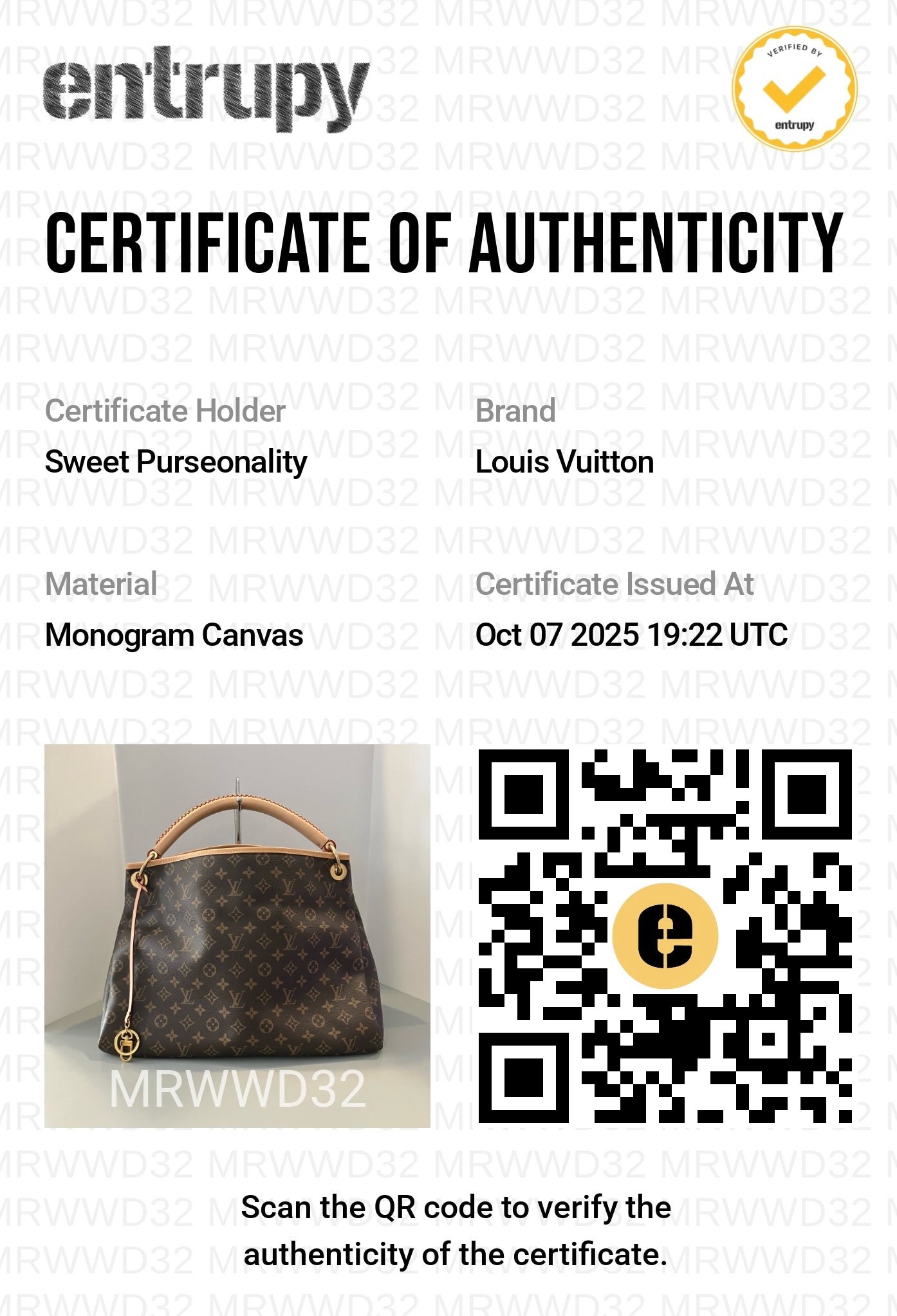 NEW RARE Entrupy Certified Louis Vuitton Artsy MM Monogram Handbag
