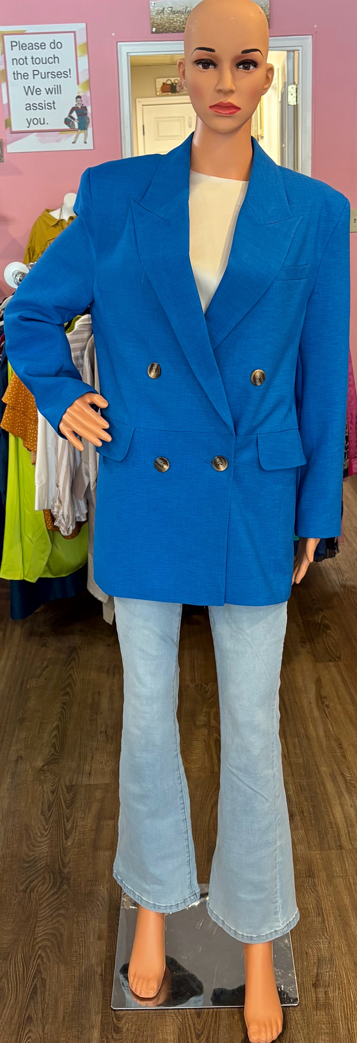 Topshop Double Breasted Bold Shoulder Blazer in Bright Blue Size:6