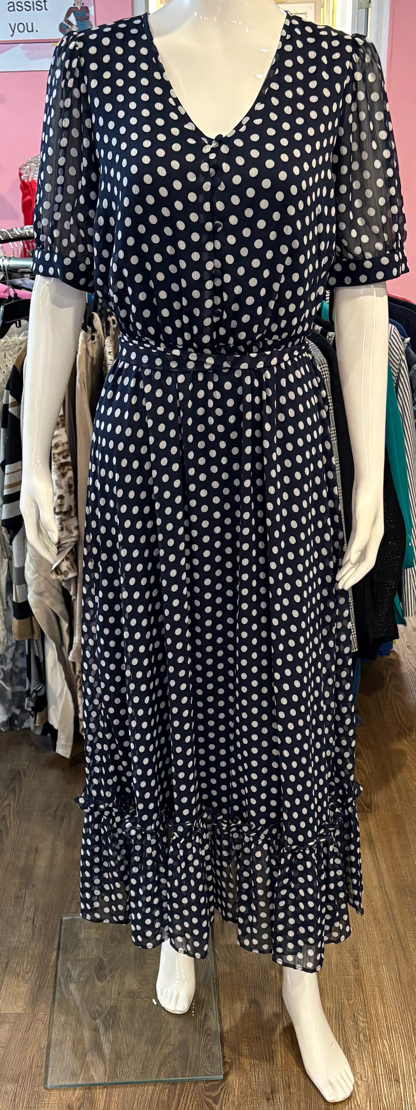 NWOT  Calvin Klein Navy & White Polka Dot Dress Sz:8