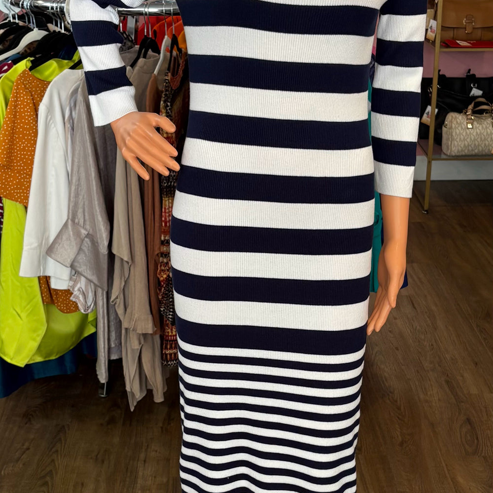 Lauren Ralph Lauren Navy & White Striped Cotton-Blend Sweater Dress Size:M