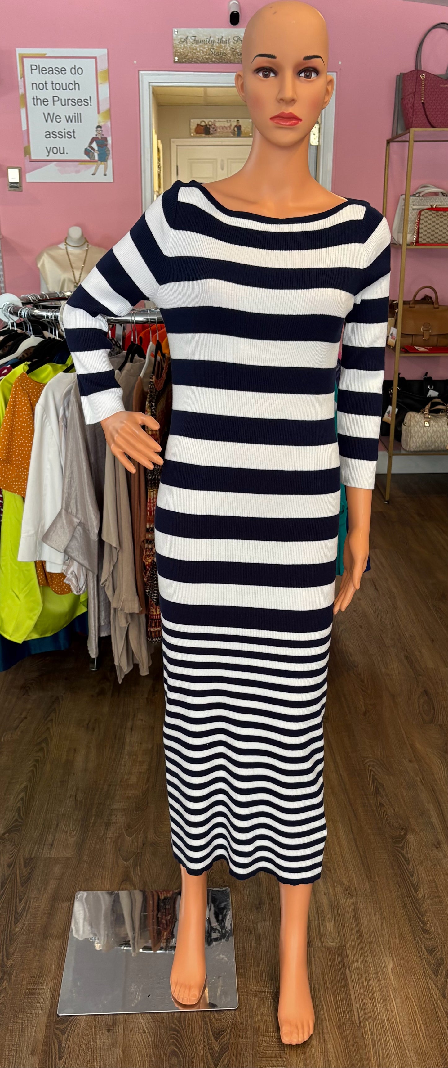 Lauren Ralph Lauren Navy & White Striped Cotton-Blend Sweater Dress Size:M