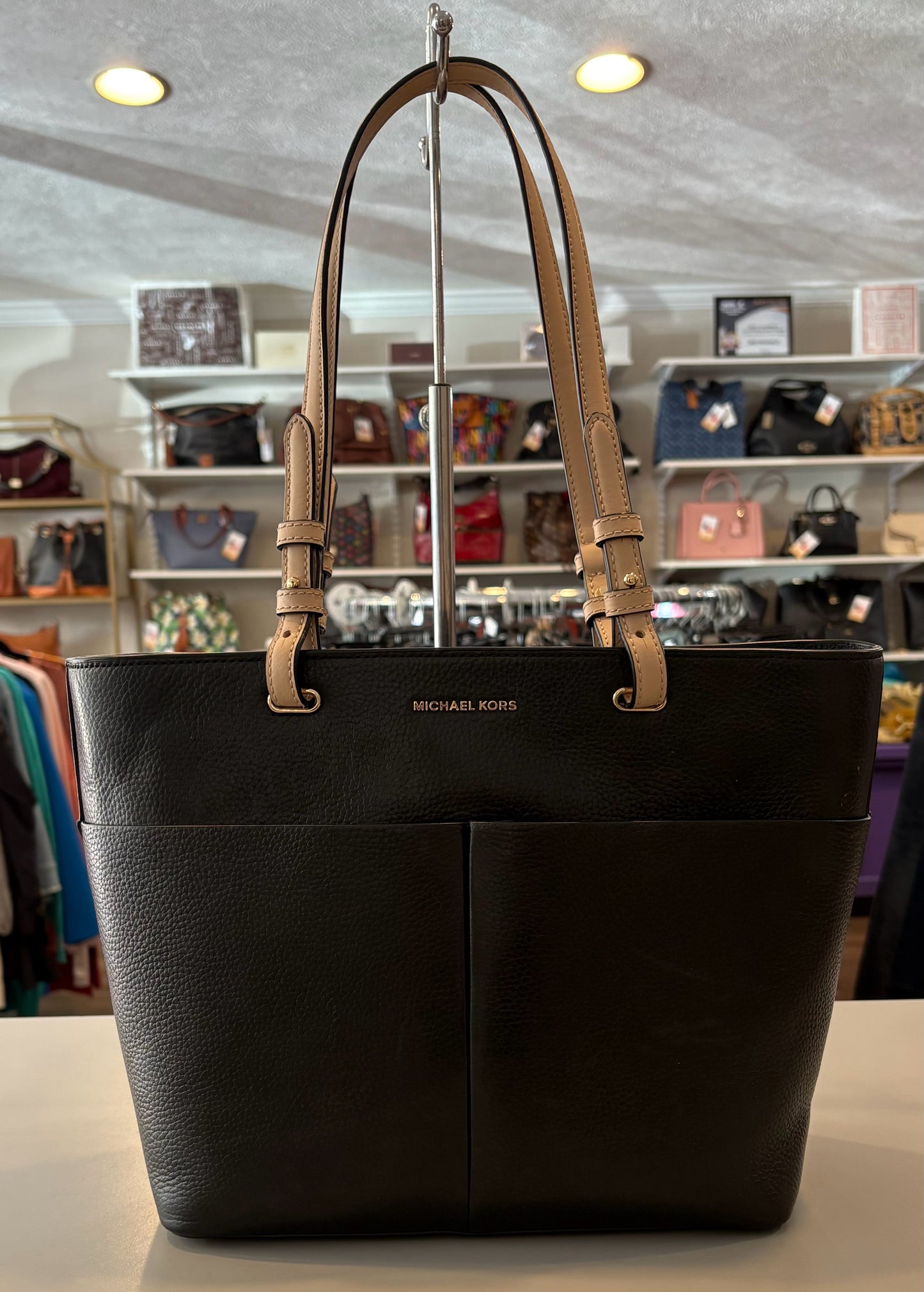 Michael Kors Bedford Black & Beige Medium Top Zip Pocket Tote