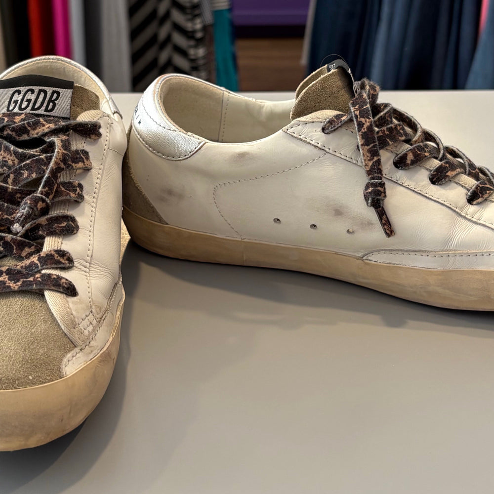 Golden Goose Super Star with Burgundy Glitter Star & Silver Heel Tab Size:39