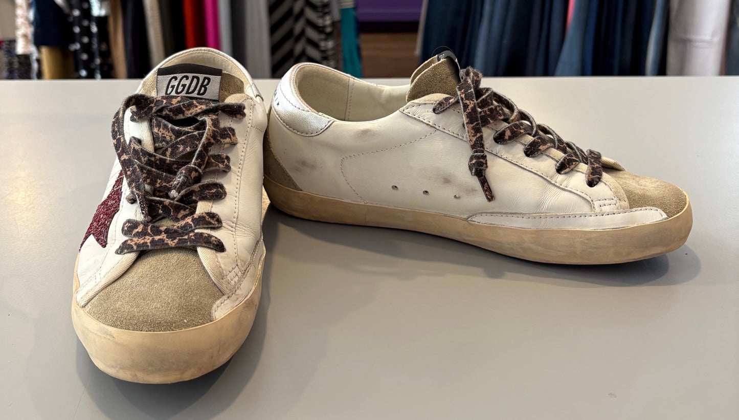 Golden Goose Super Star with Burgundy Glitter Star & Silver Heel Tab Size:39