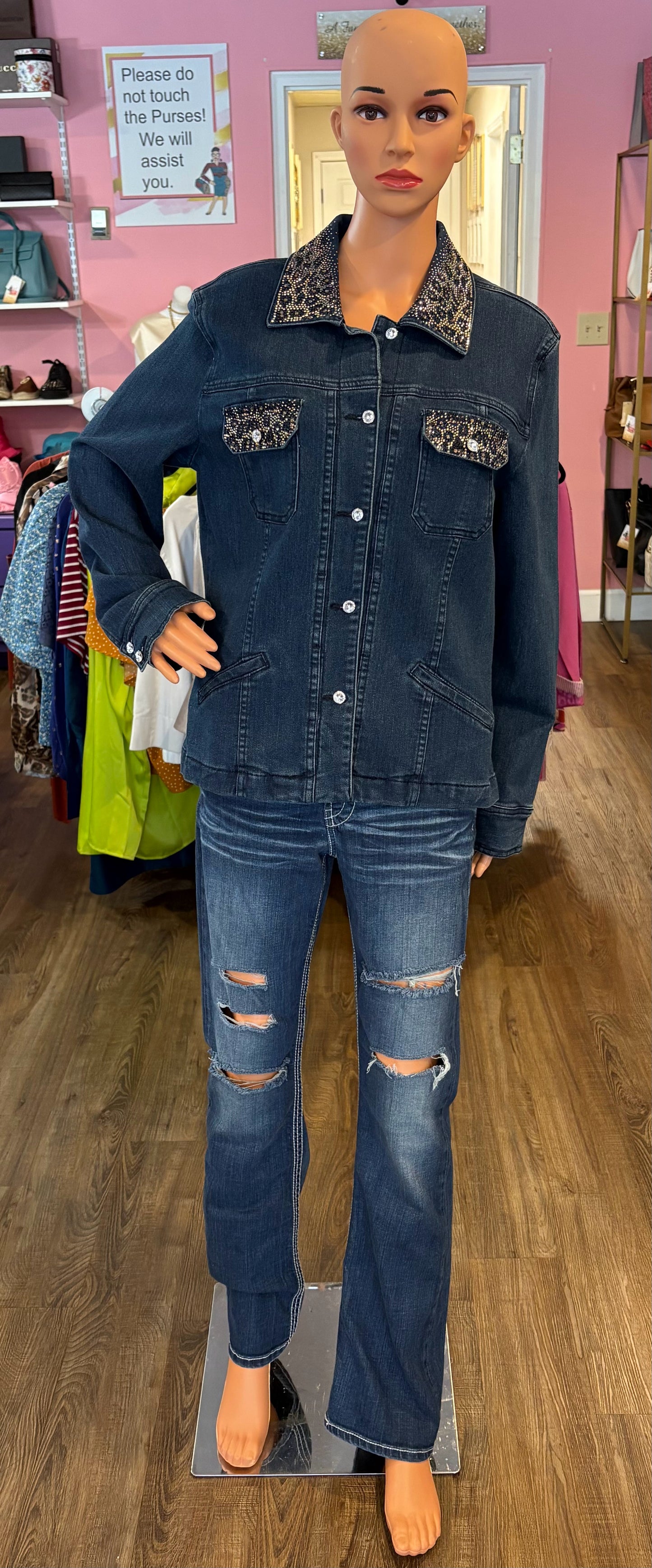 Christine Alexander Denim Jacket with Cheetah Rhinestone Detailing Size:M