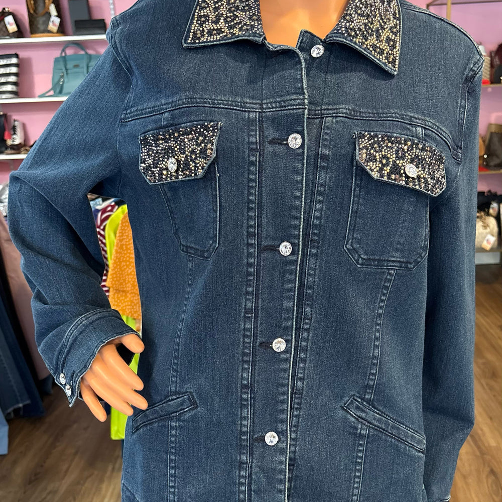 Christine Alexander Denim Jacket with Cheetah Rhinestone Detailing Size:M