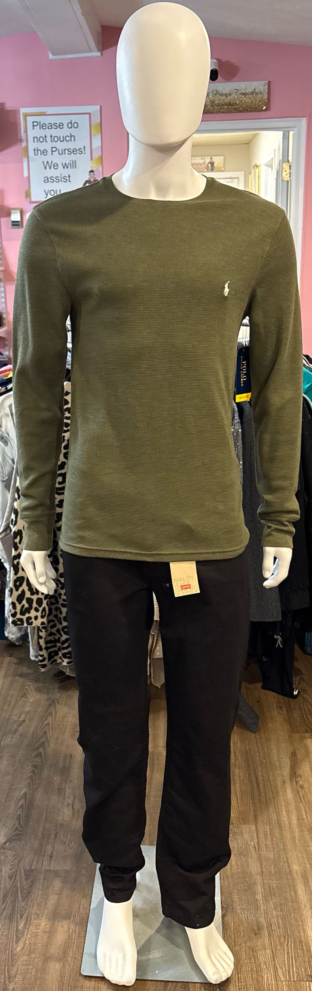 NWT POLO Ralph Lauren Men's Waffle Knit Olive Green Long Sleeve Shirt Size: M