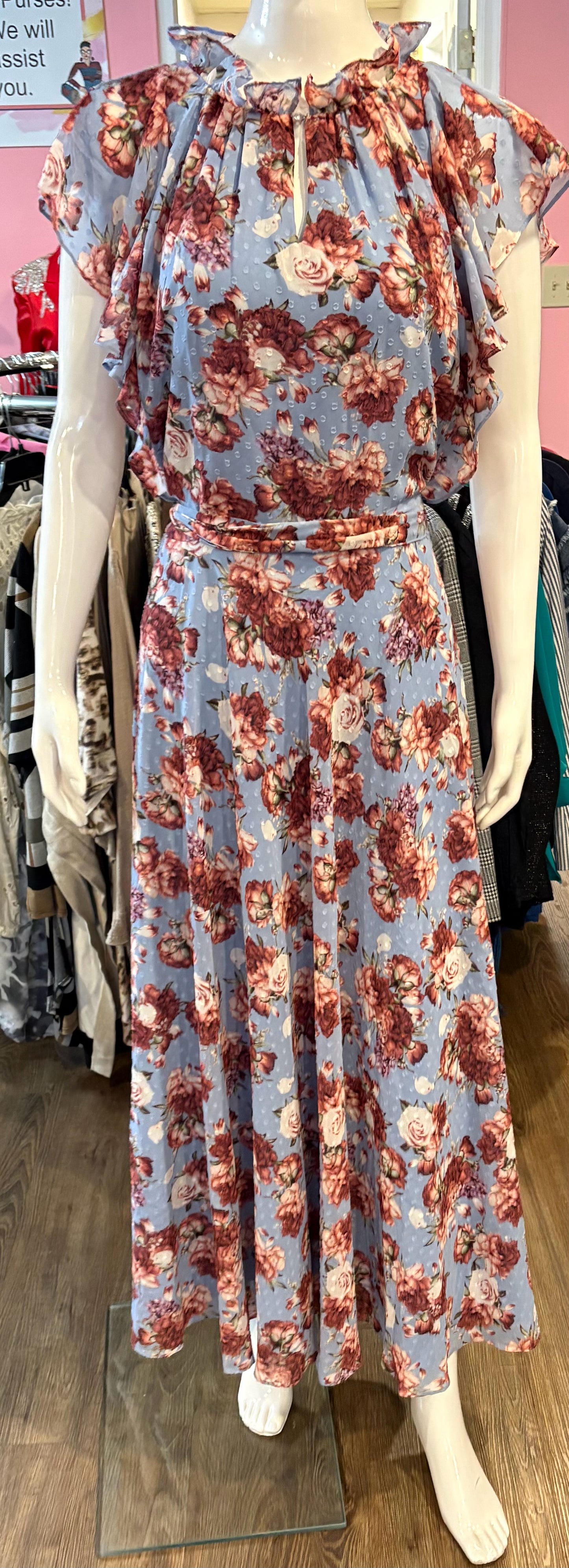 NWOT Tahari Garden Blue & Pink Floral Midi Dress Sz:10