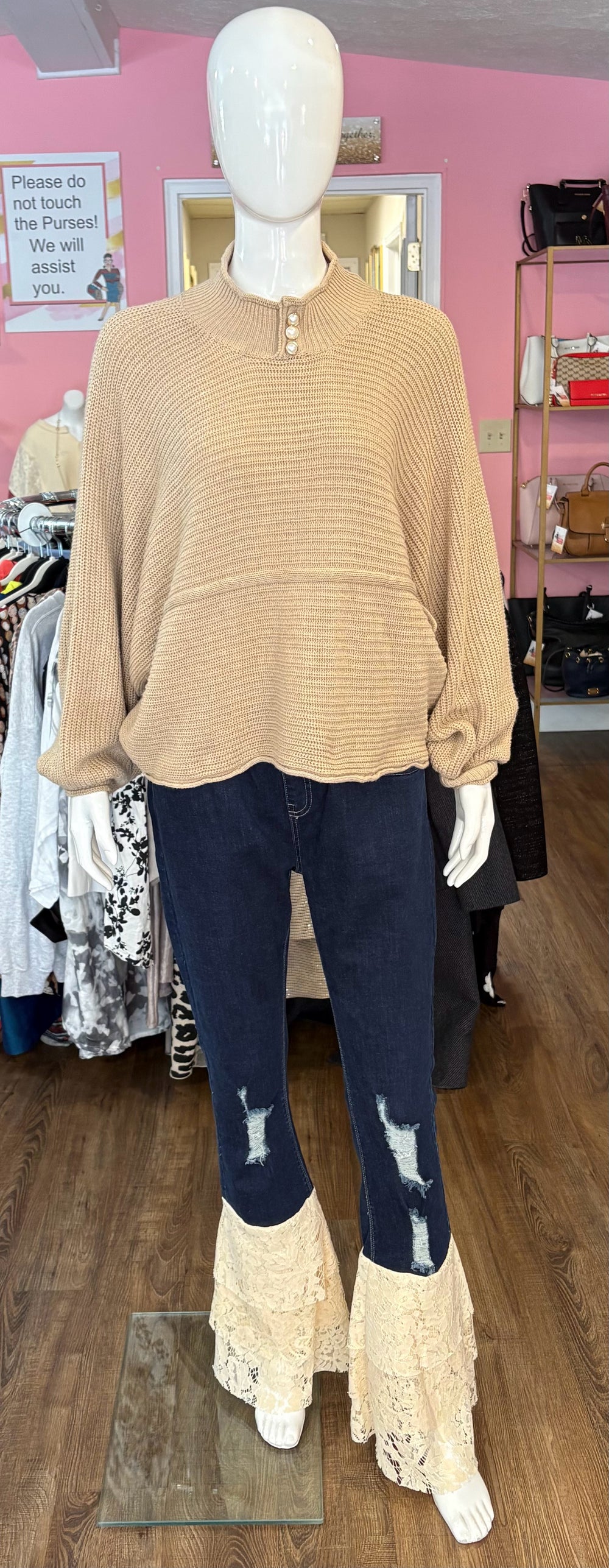 NWOT POL Brown Sweater with Pearl Button Detailing Size: M