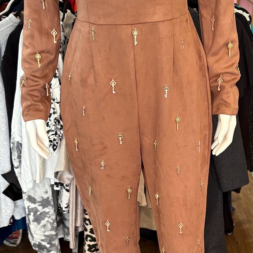 NWOT L'atiste Faux Suede Brown Jumpsuit with Keys Detailing Size: L
