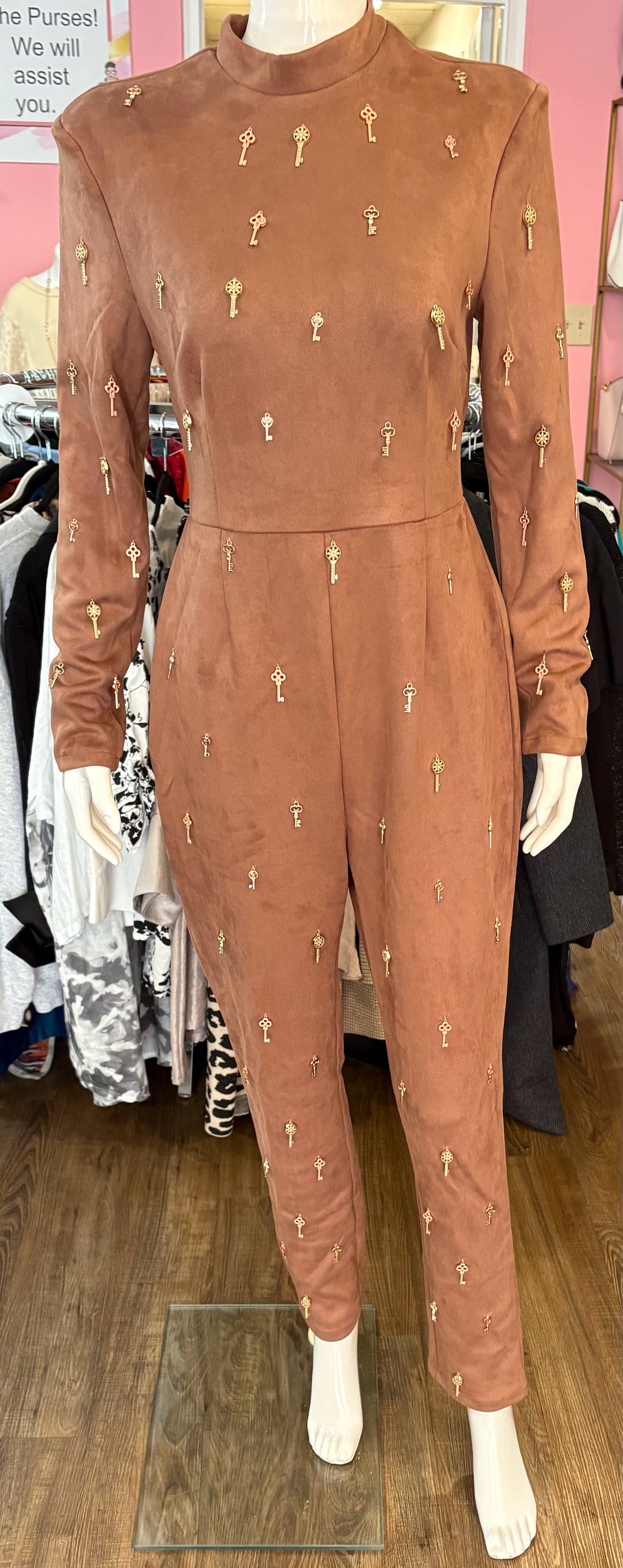 NWOT L'atiste Faux Suede Brown Jumpsuit with Keys Detailing Size: L