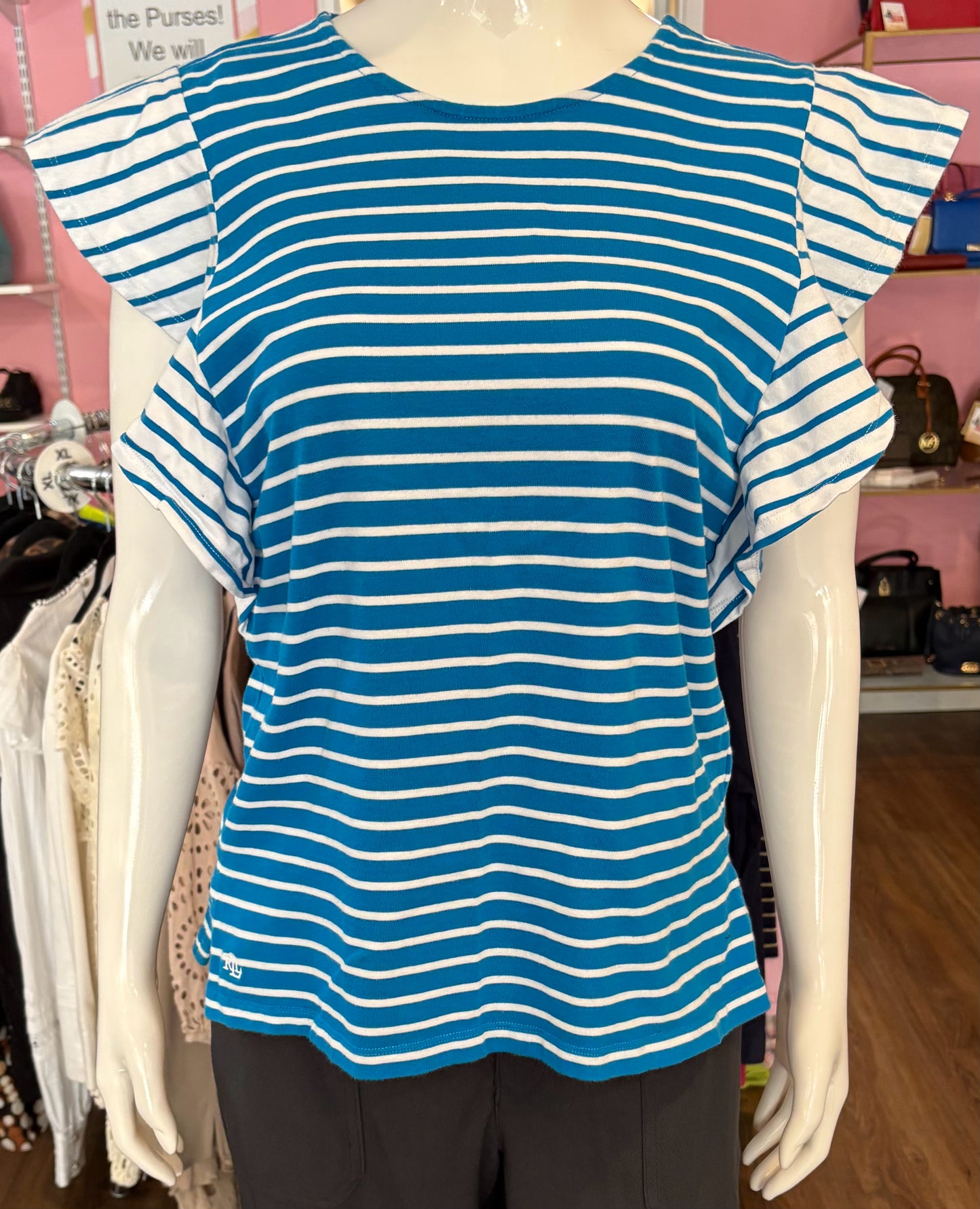 NWOT Lauren Ralph Lauren Blue & White Jersey Flutter Sleeve Cotton Top Sz:L