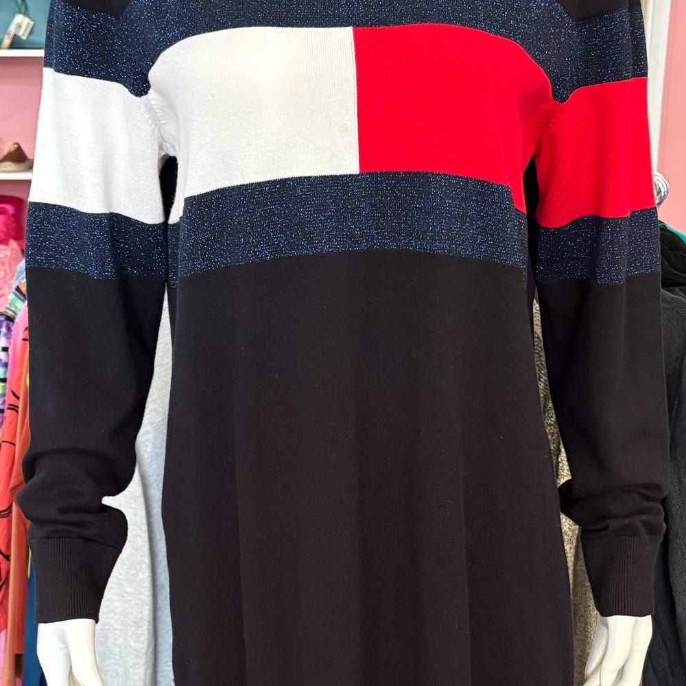 NWOT Tommy Hilfiger Red, White, & Blue Glitter Sweater Turtle Neck Dress Sz:M