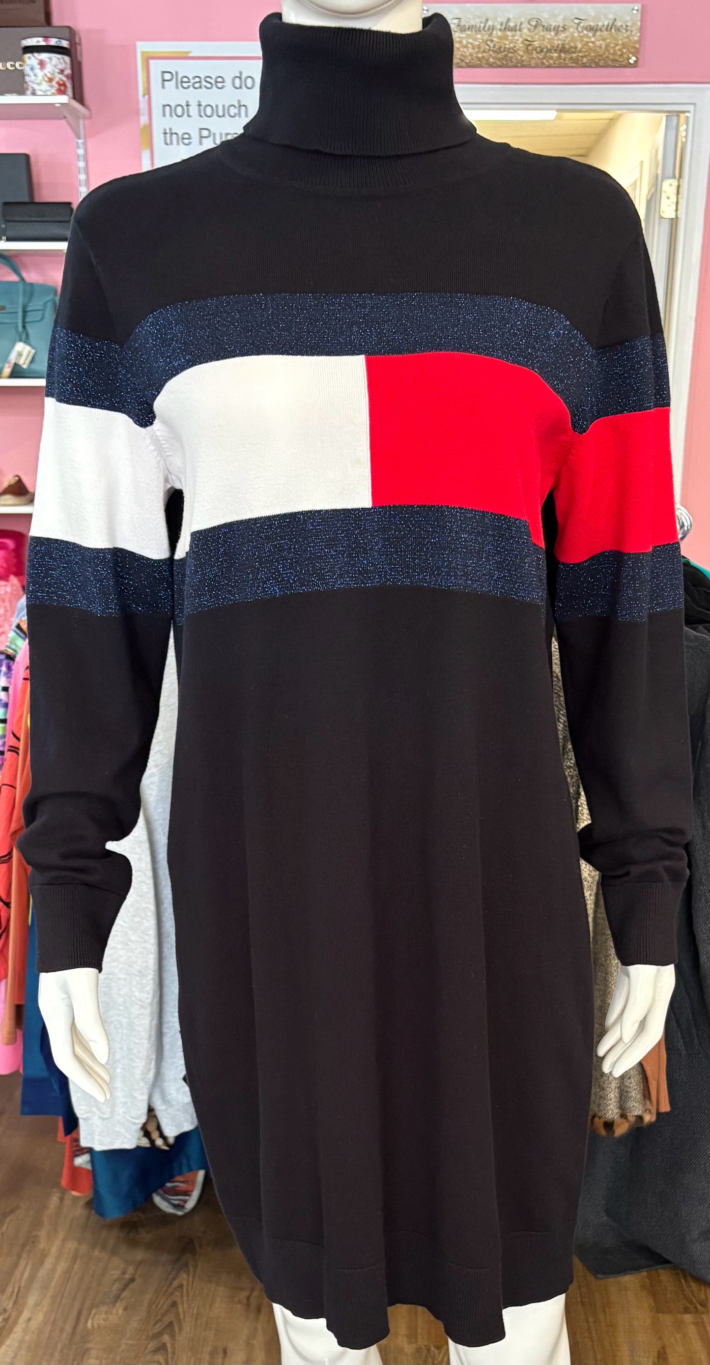 NWOT Tommy Hilfiger Red, White, & Blue Glitter Sweater Turtle Neck Dress Sz:M