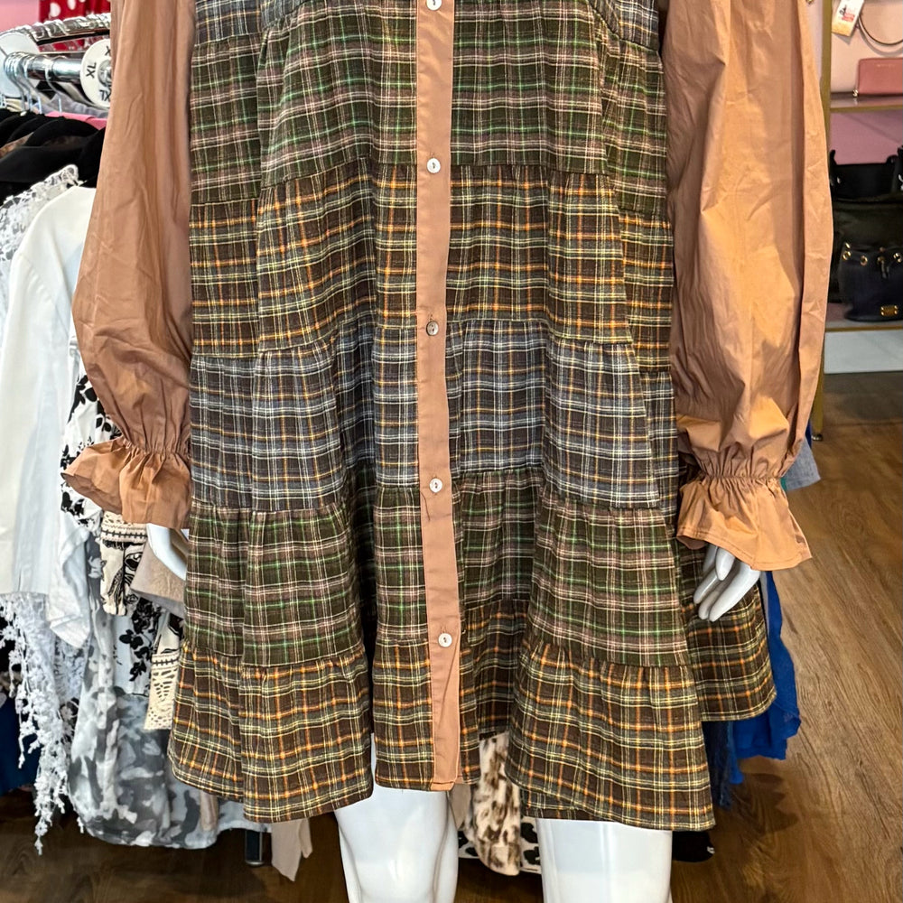 Fantastic Fawn Green and Brown Plaid Button-Up Dress Size: L