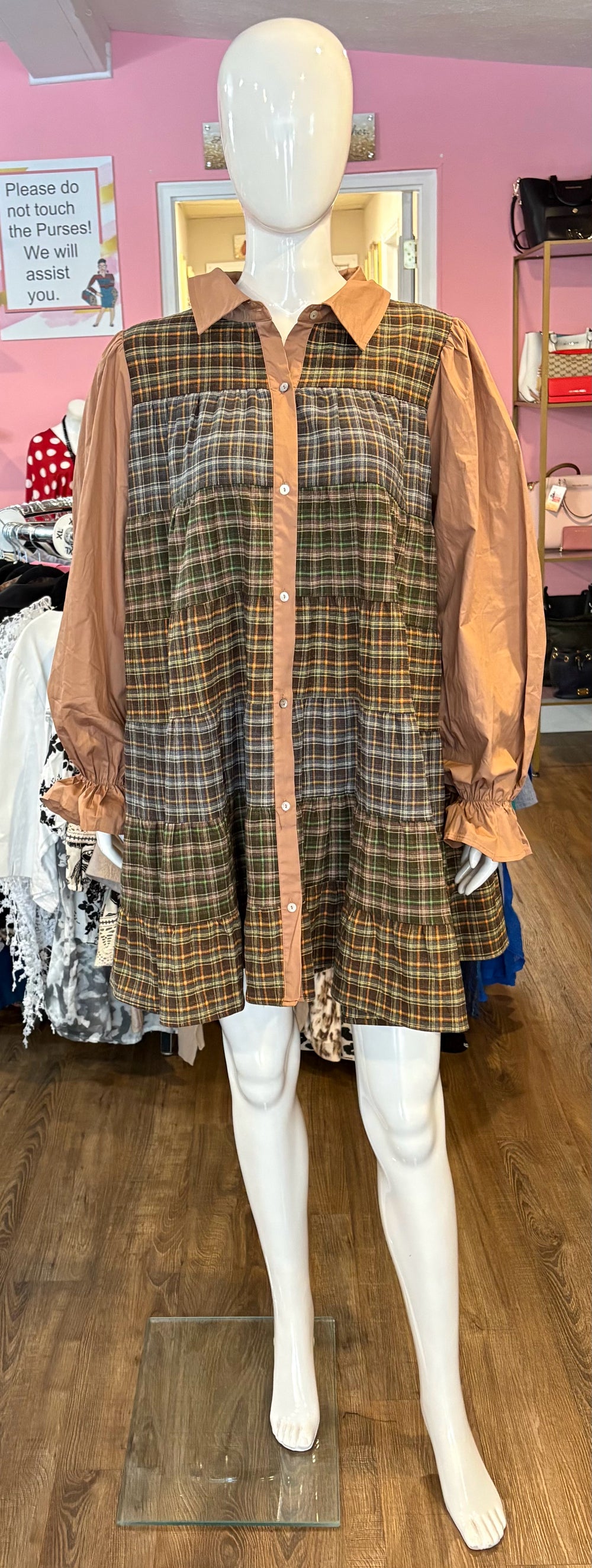 Fantastic Fawn Green and Brown Plaid Button-Up Dress Size: L
