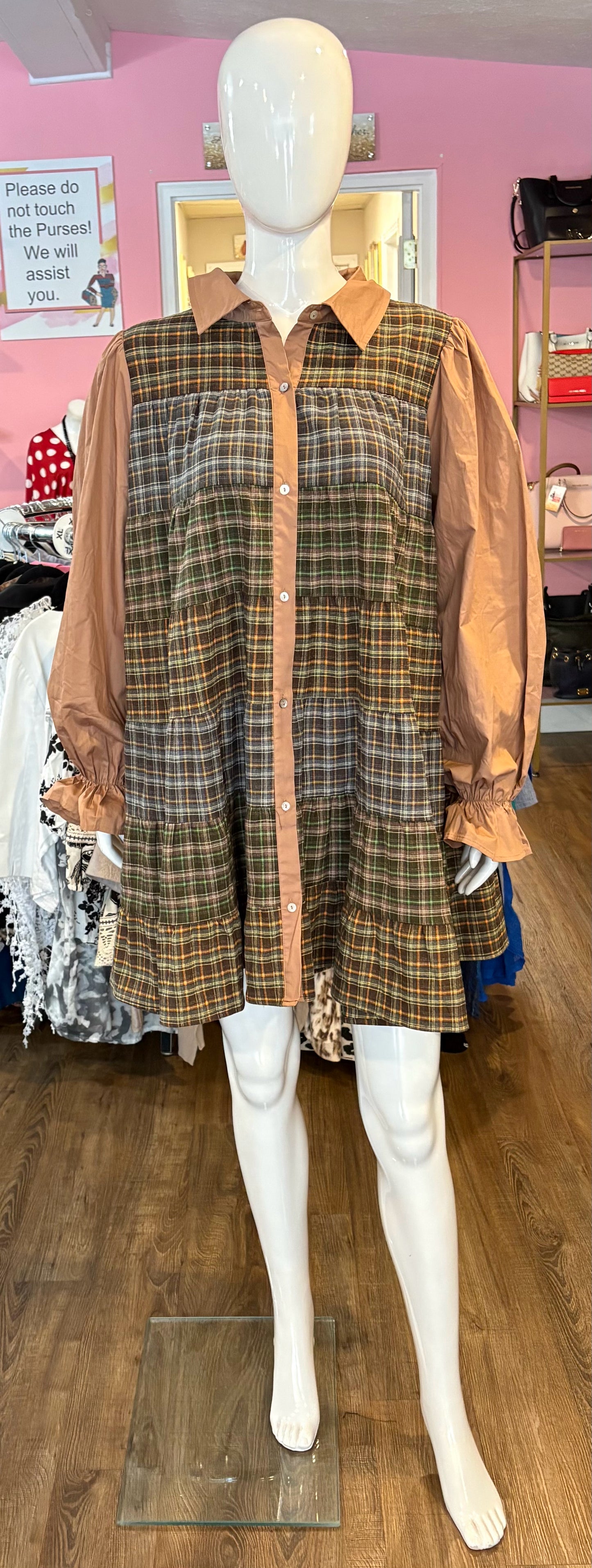 Fantastic Fawn Green and Brown Plaid Button-Up Dress Size: L