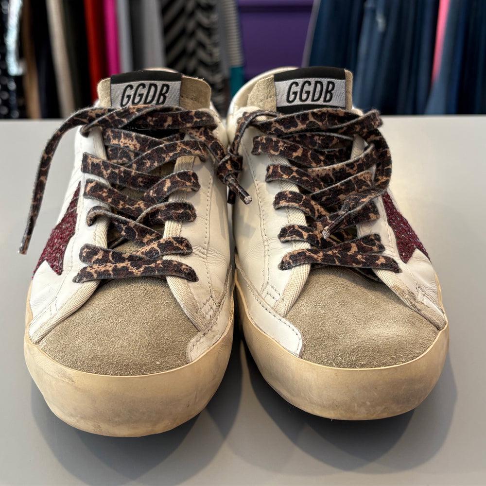 Golden Goose Super Star with Burgundy Glitter Star & Silver Heel Tab Size:39