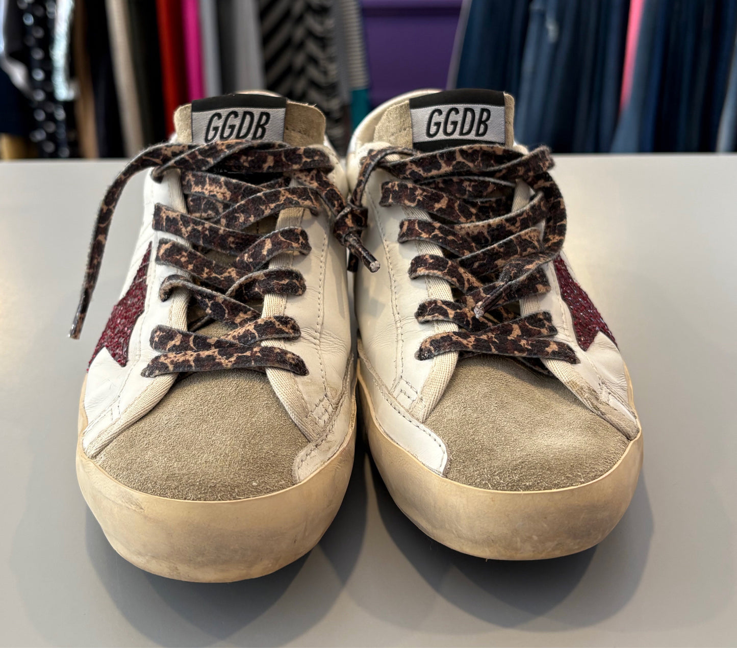 Golden Goose Super Star with Burgundy Glitter Star & Silver Heel Tab Size:39