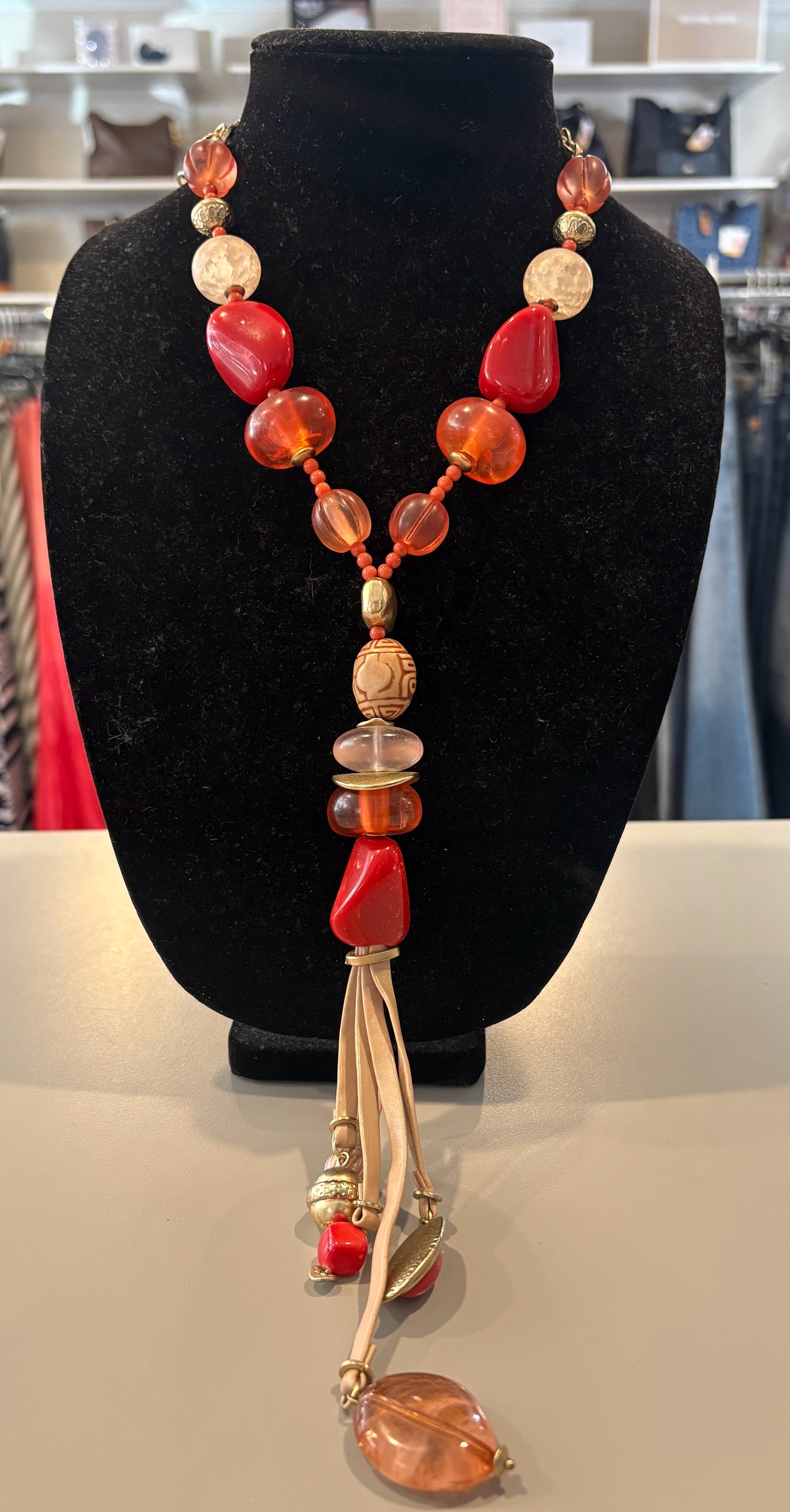 Chicos Red, Pink, & Gold Chunky Boho Tribal Tassel Necklace