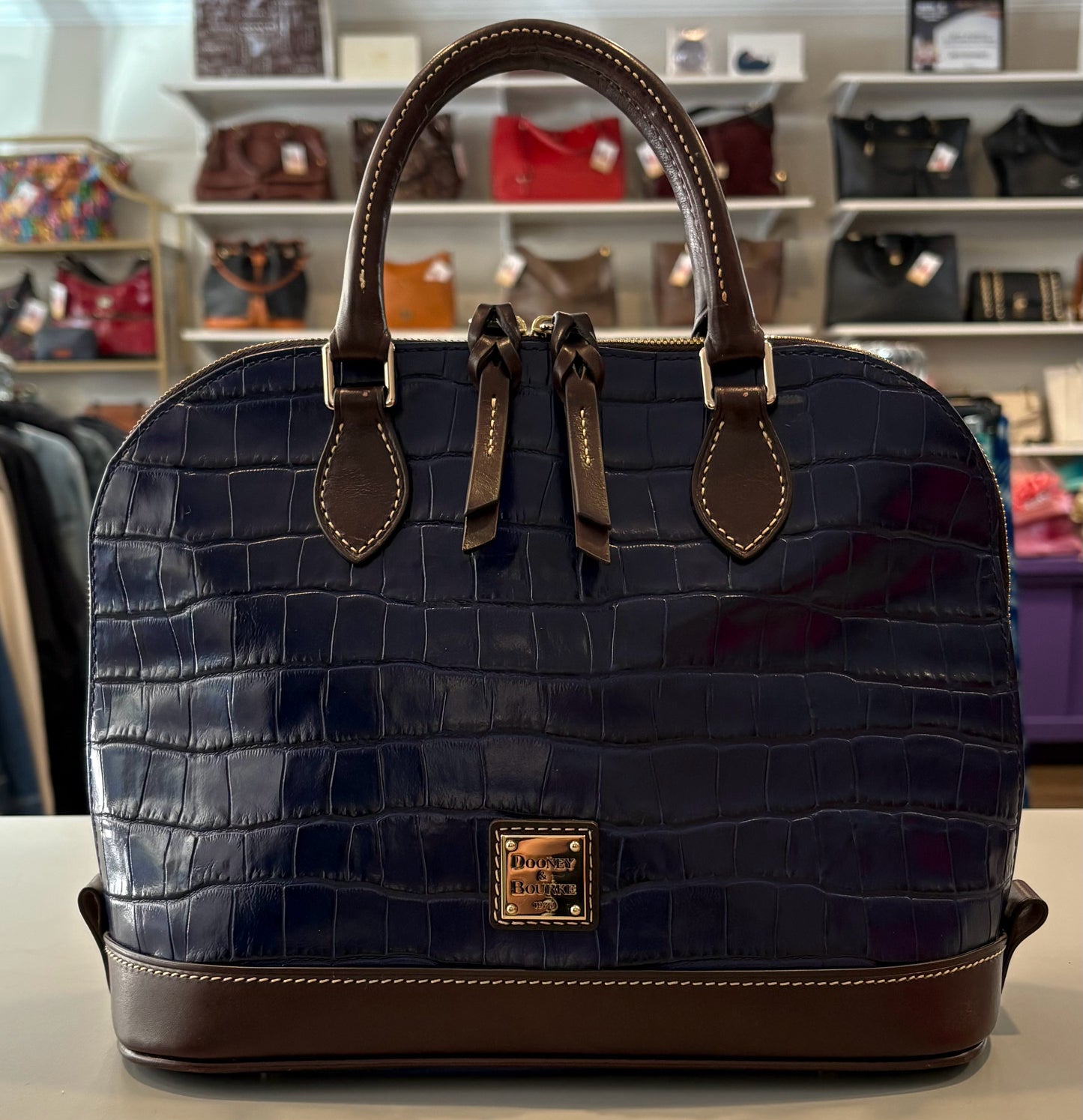 RARE Dooney and Bourke Oakdale Midnight Blue Croc Zip Zip Satchel SN: J17533244