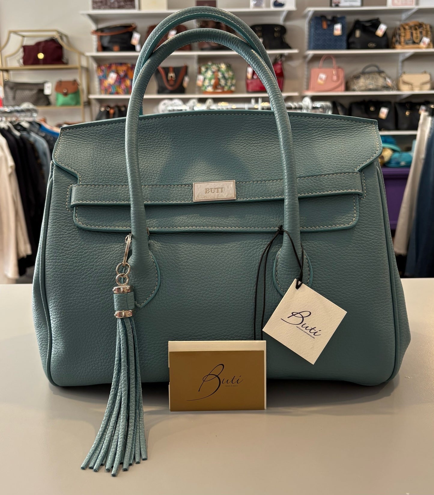 RARE Buti Pelletterie Capri 30 Alce Stampato in Light Teal