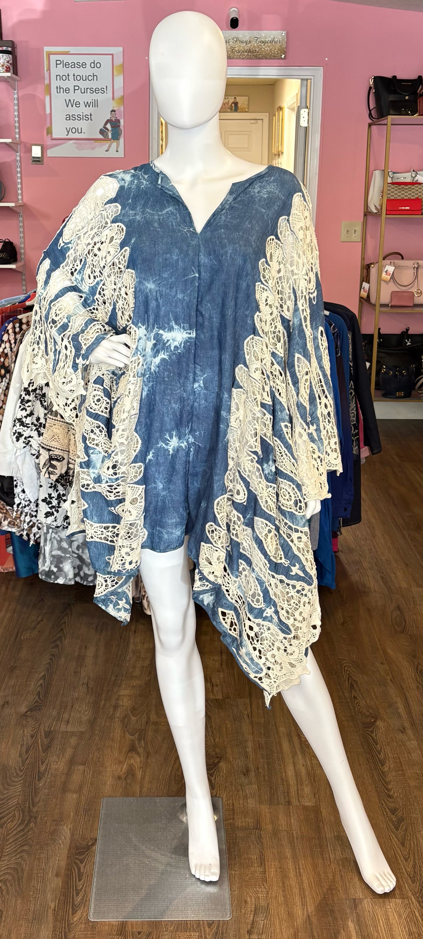 Jen's Pirate Booty Blue & White Tie Dye Poncho Blouse Size:OS