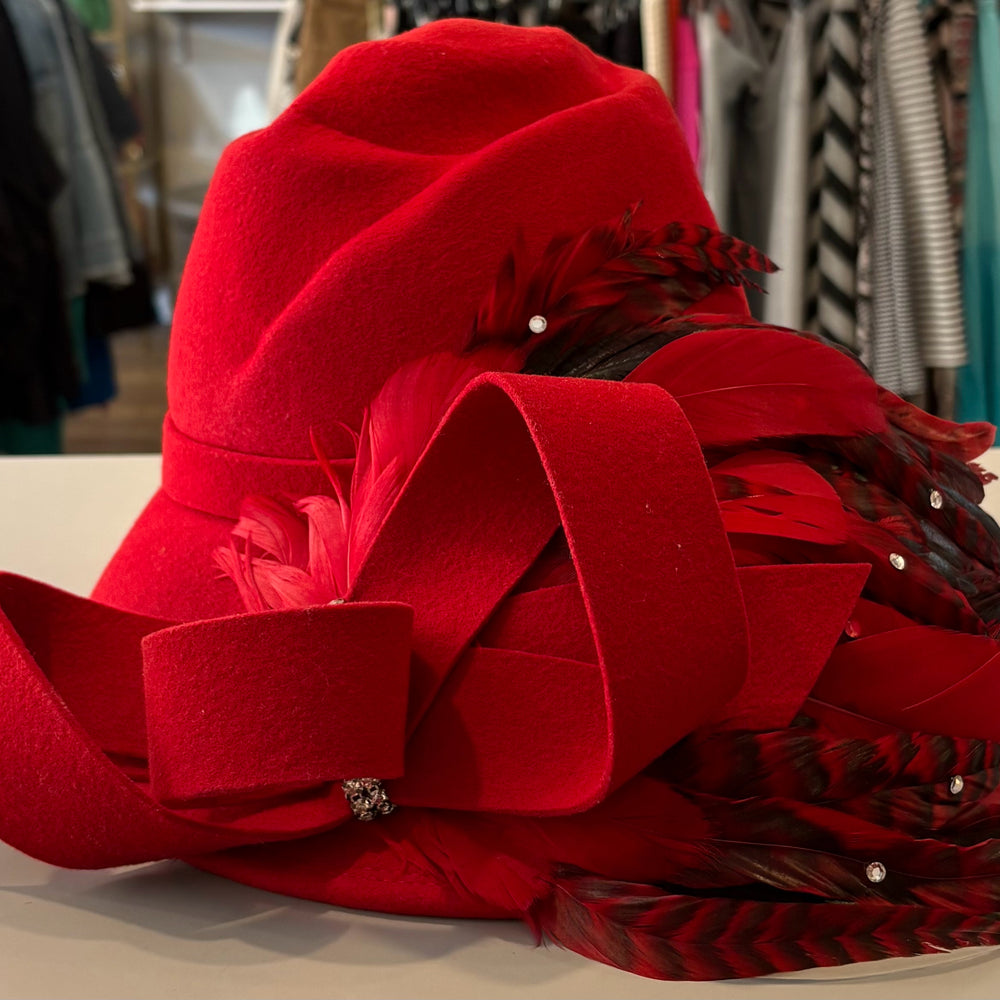 NWOT Brenda Waites Bolling Red 100% Wool Hat with Feathers & Rhinestones