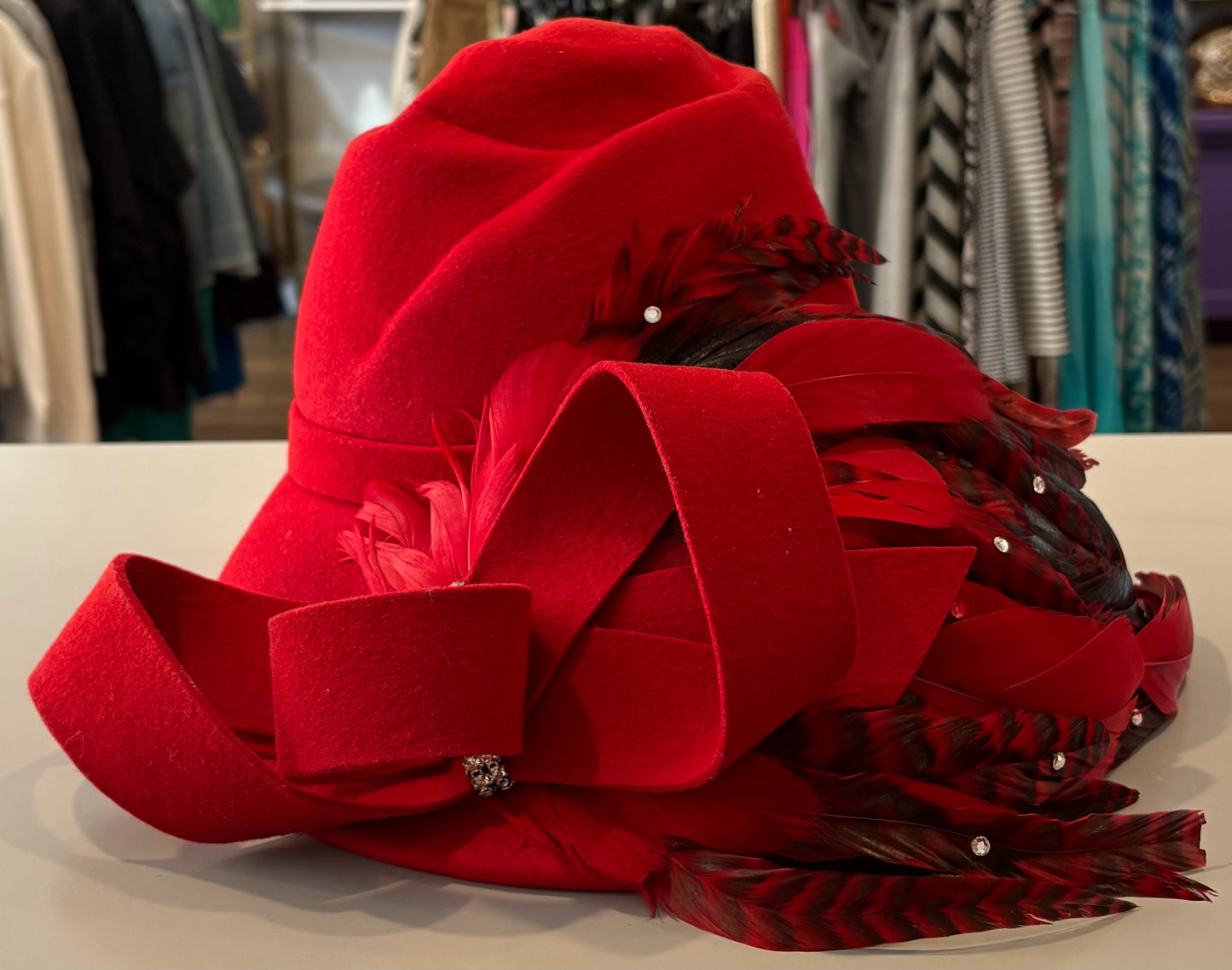 NWOT Brenda Waites Bolling Red 100% Wool Hat with Feathers & Rhinestones