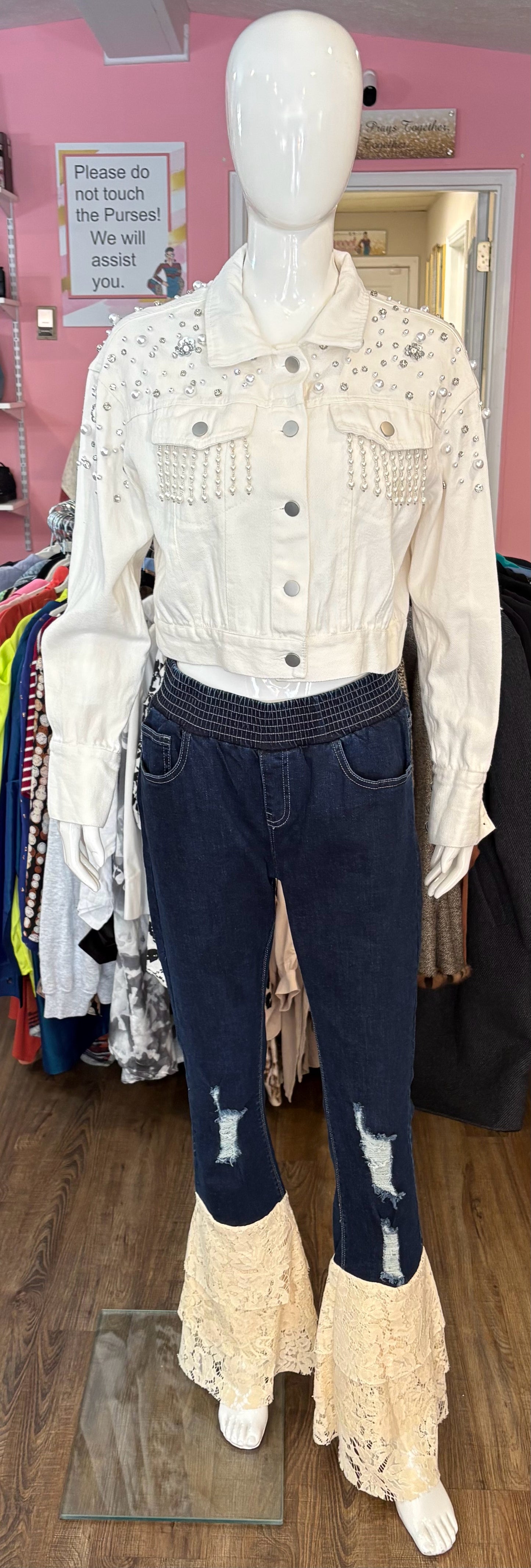 Chance Off White Pearl and Rhinestone embellished Jean Jacket Size: TU One Size)