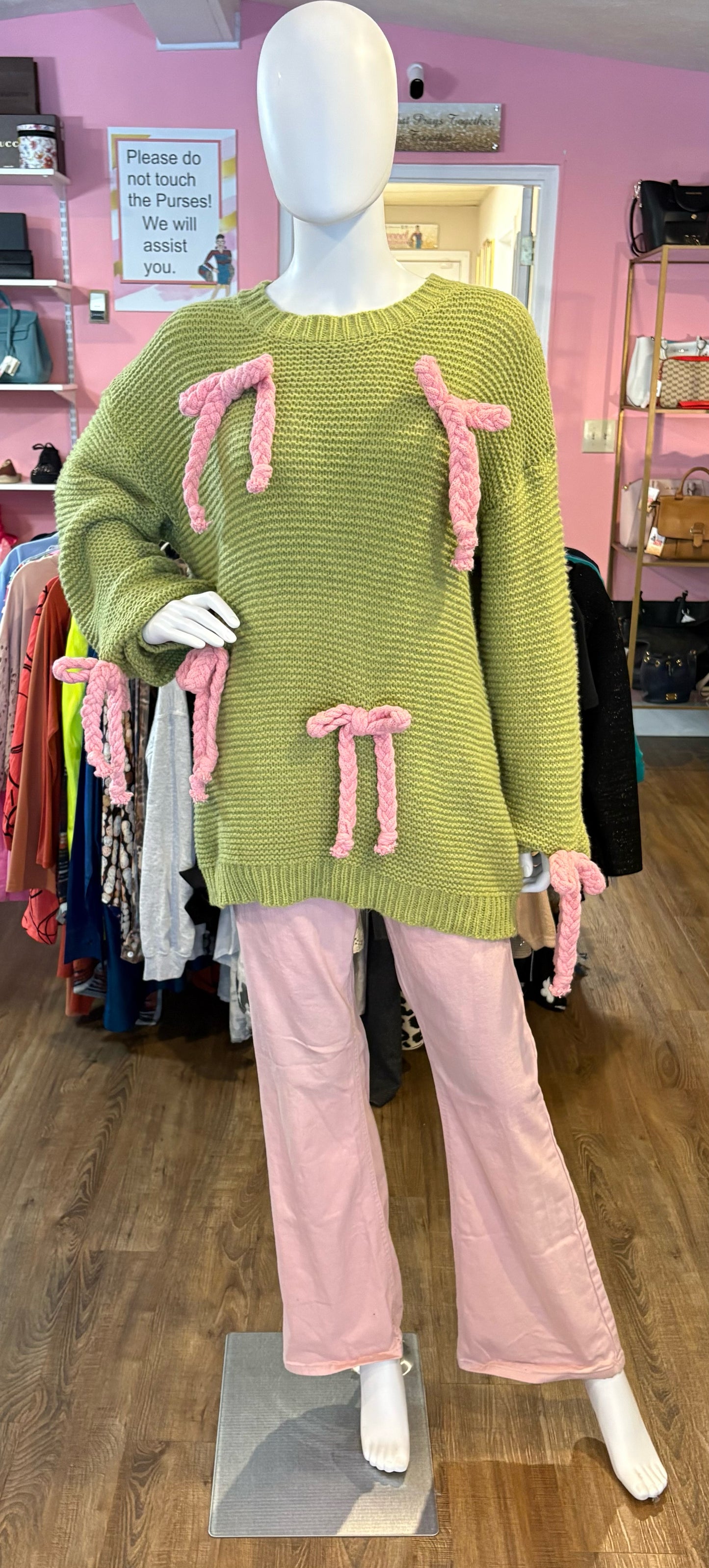 Listicle Green and Pink Sweater with Bow Detailing Size: M