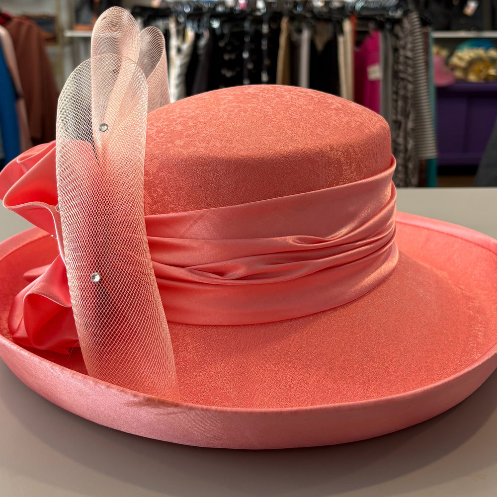 Clarissa C. Coral Pink Church Hat with Rhinsteone Detailing