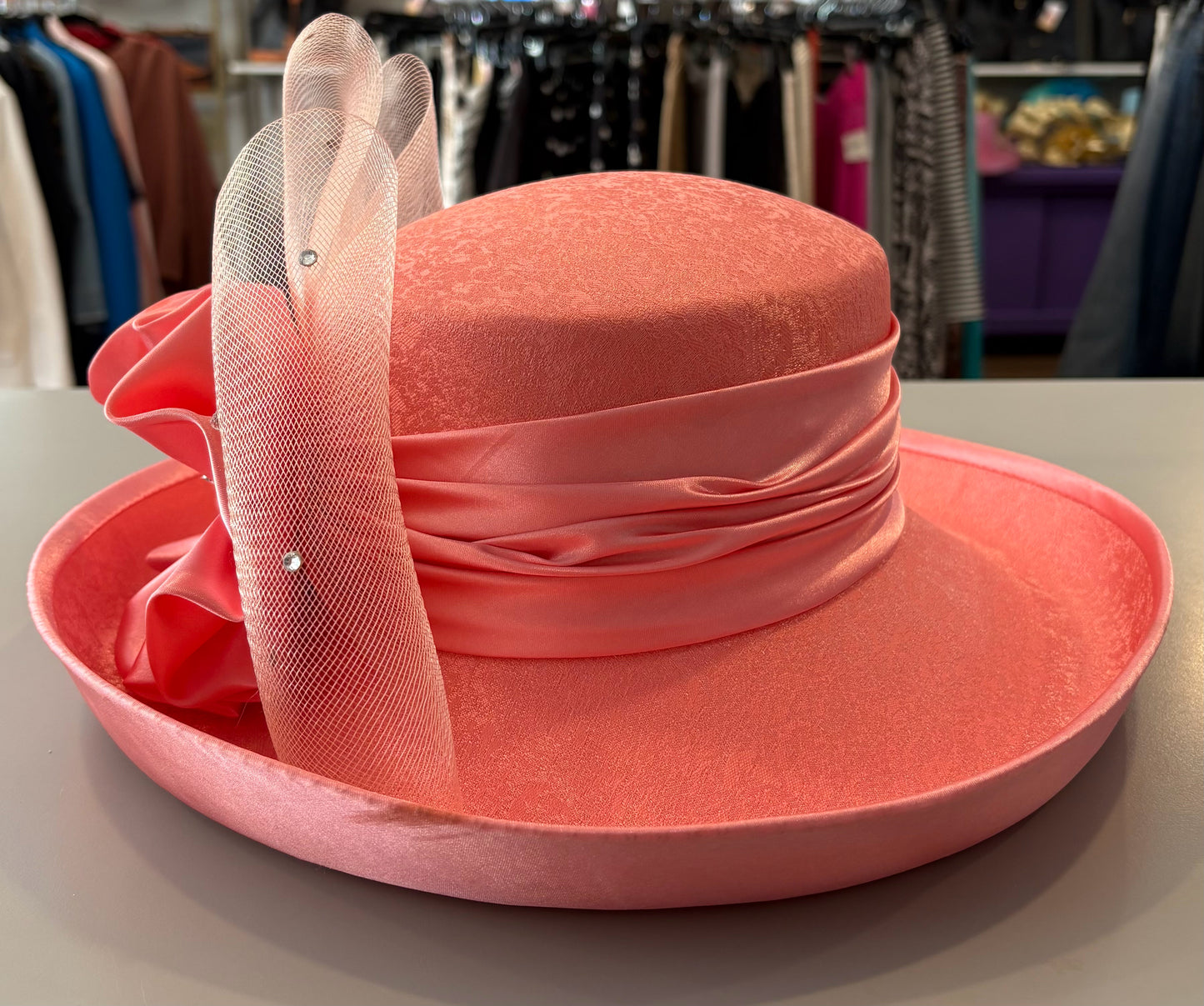 Clarissa C. Coral Pink Church Hat with Rhinsteone Detailing
