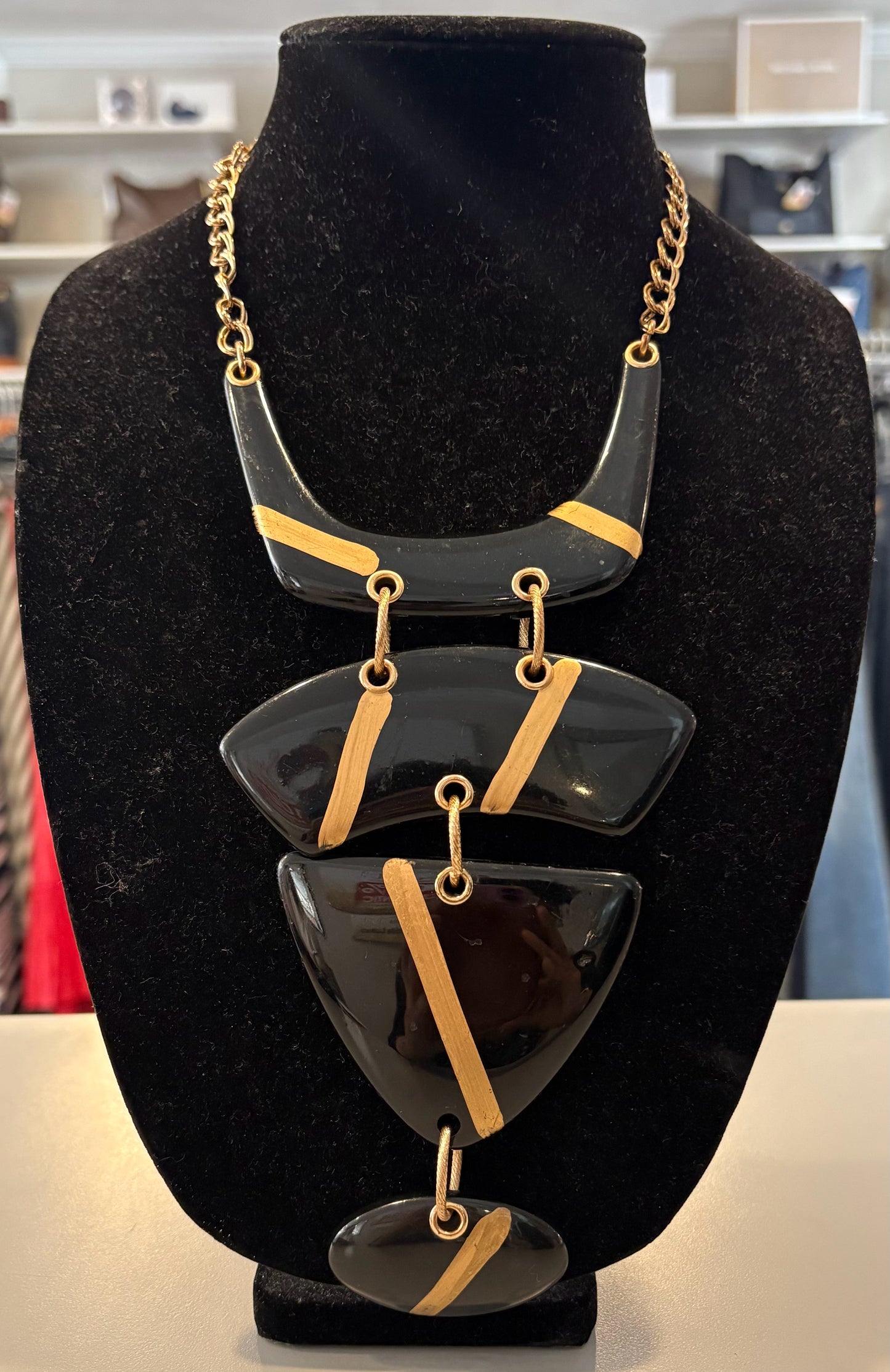Chicos Black & Gold Lucite Pendant Statement Necklace