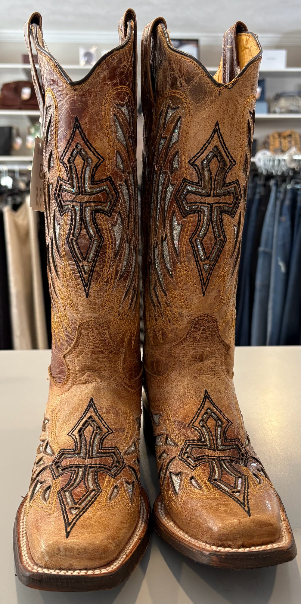 NWT Cowtown Women's Leather Cross & Wings Toe Boots with Glitter Size:5.5B