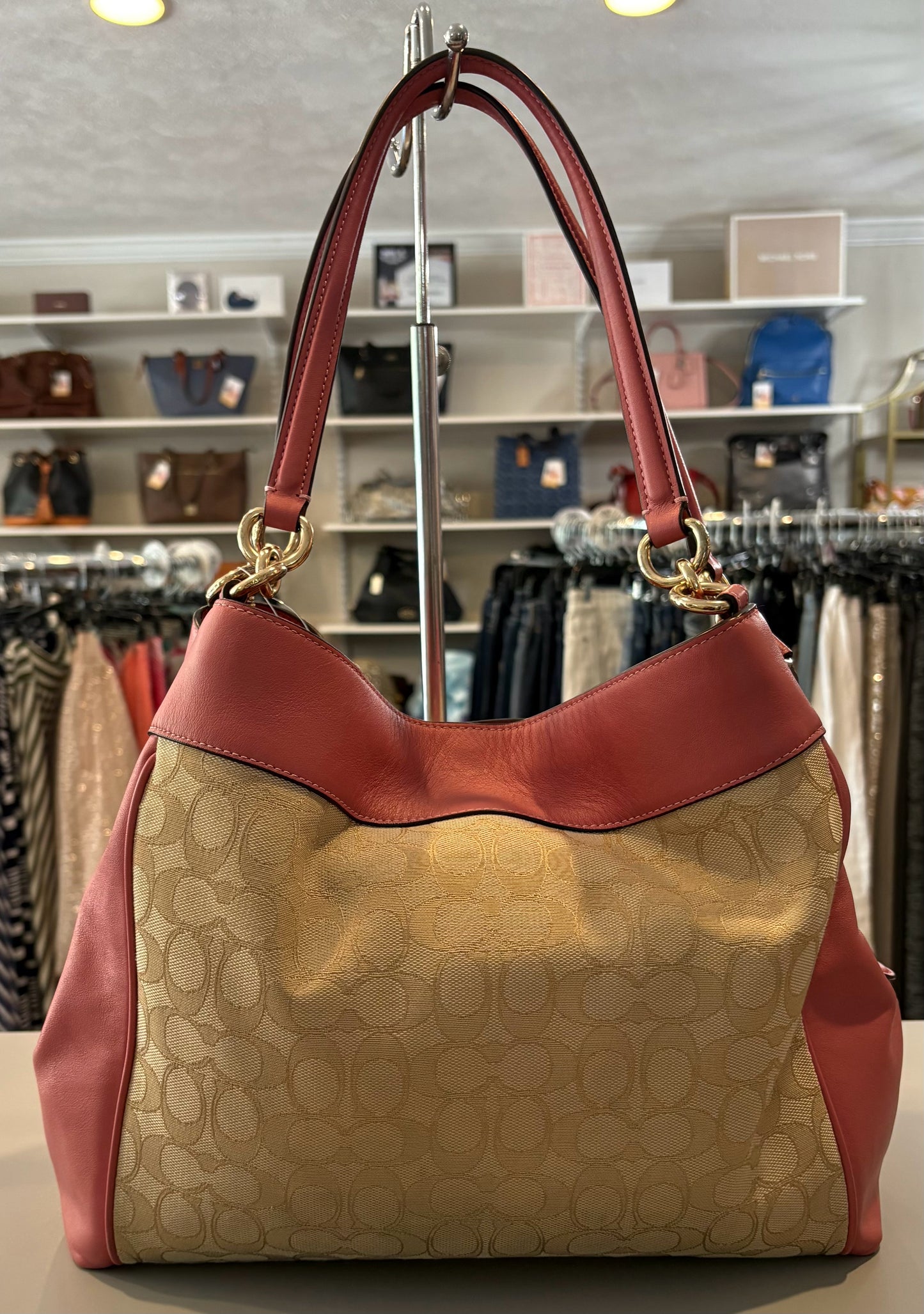 RARE Coach Signature Lexy Peony Pink Shoulder Bag in Signature Jacquard