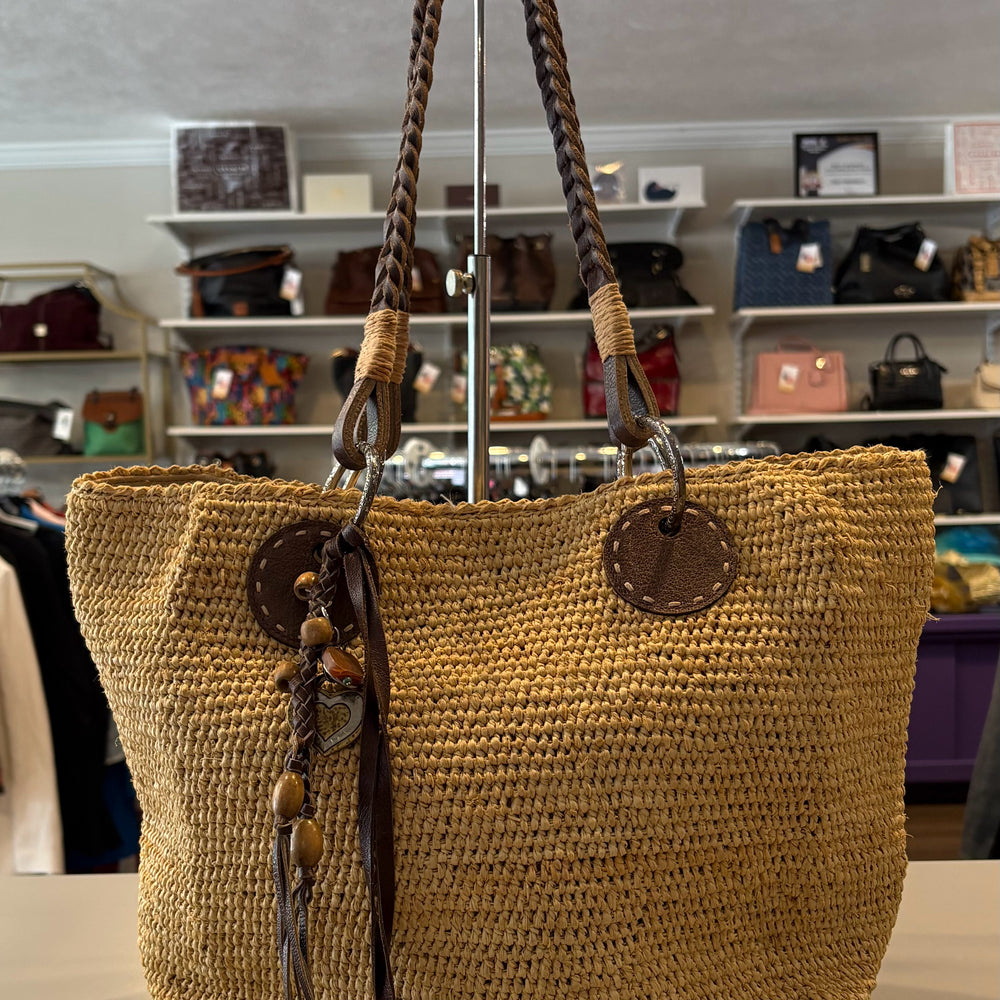 RARE Brighton Tan Straw Tote with Leather Handles