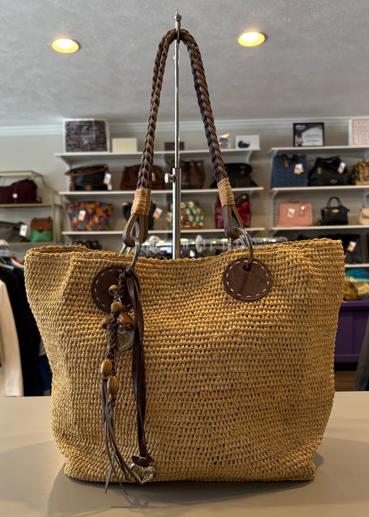 RARE Brighton Tan Straw Tote with Leather Handles