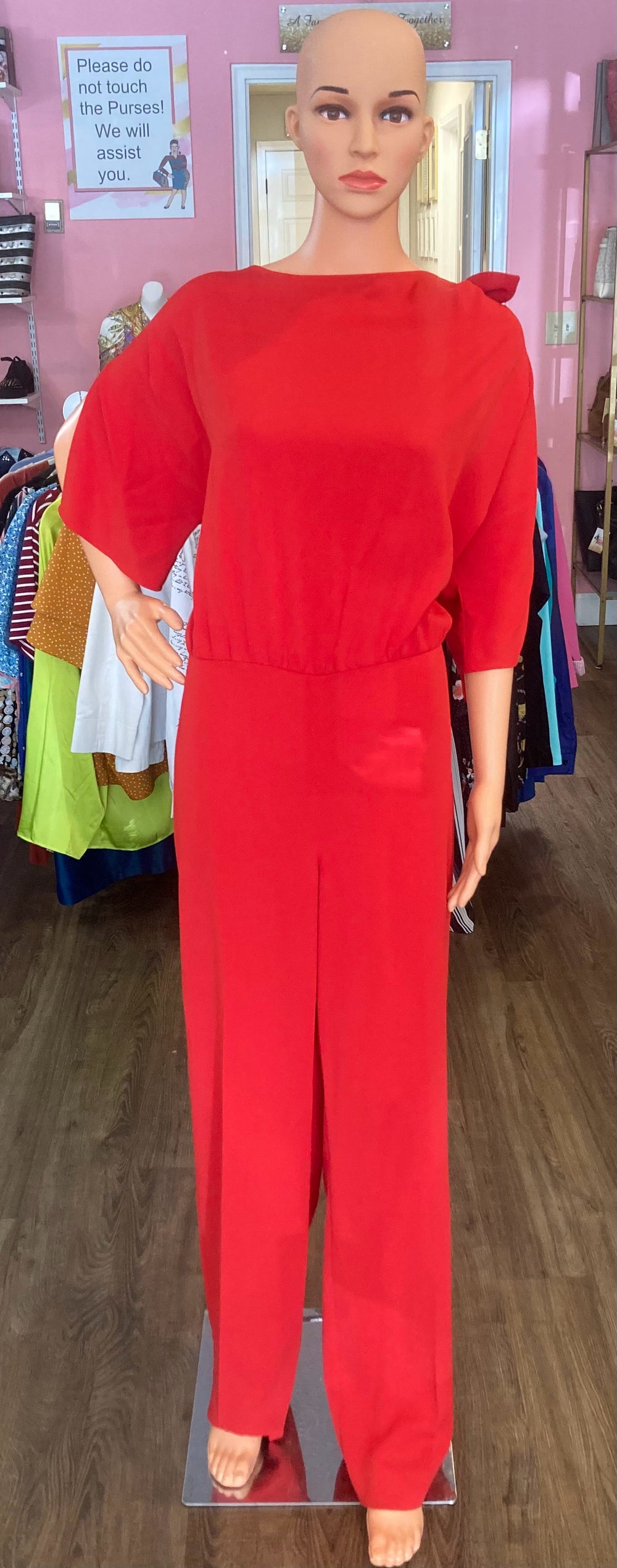 St. John Red Bateau Neckline Jumpsuit Size:14