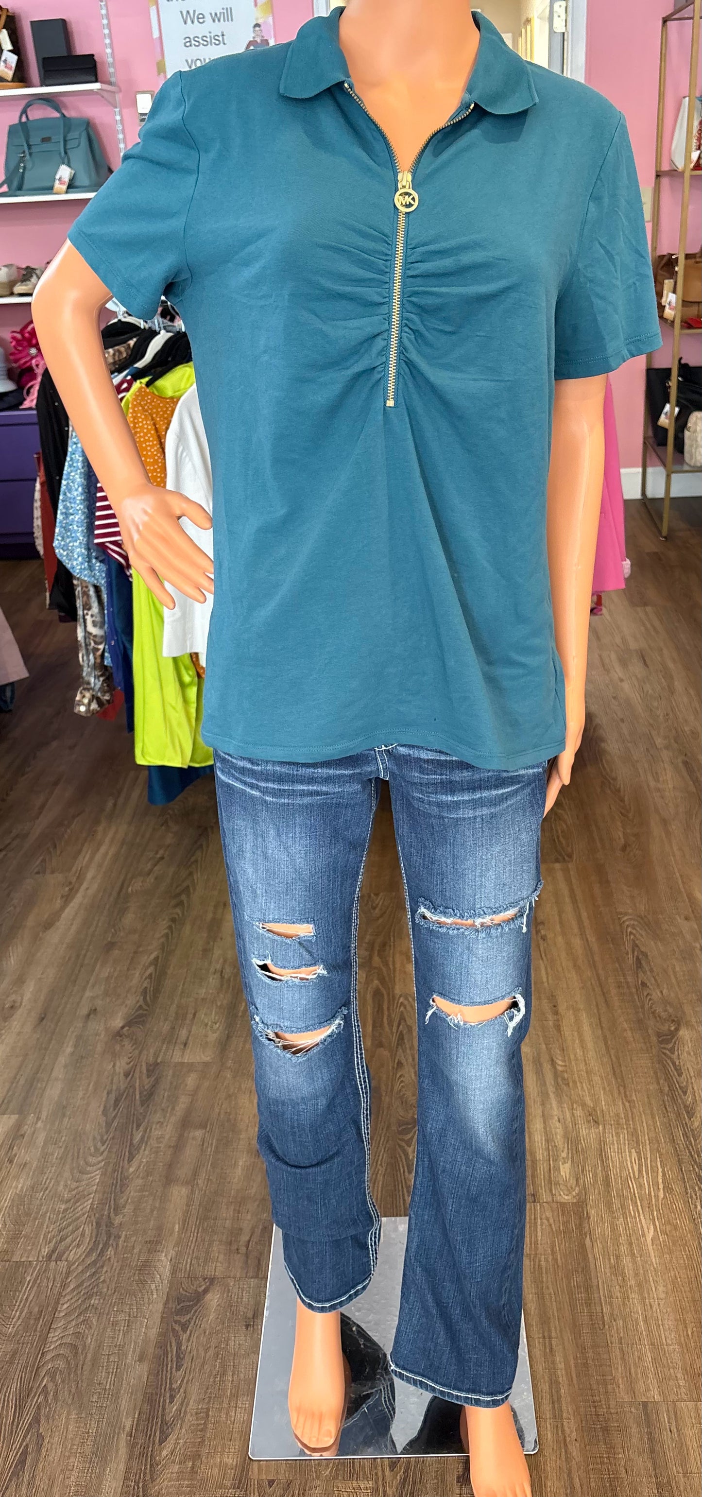Michael Kors Nassau Teal Polo T-Shirt Blouse Size:L