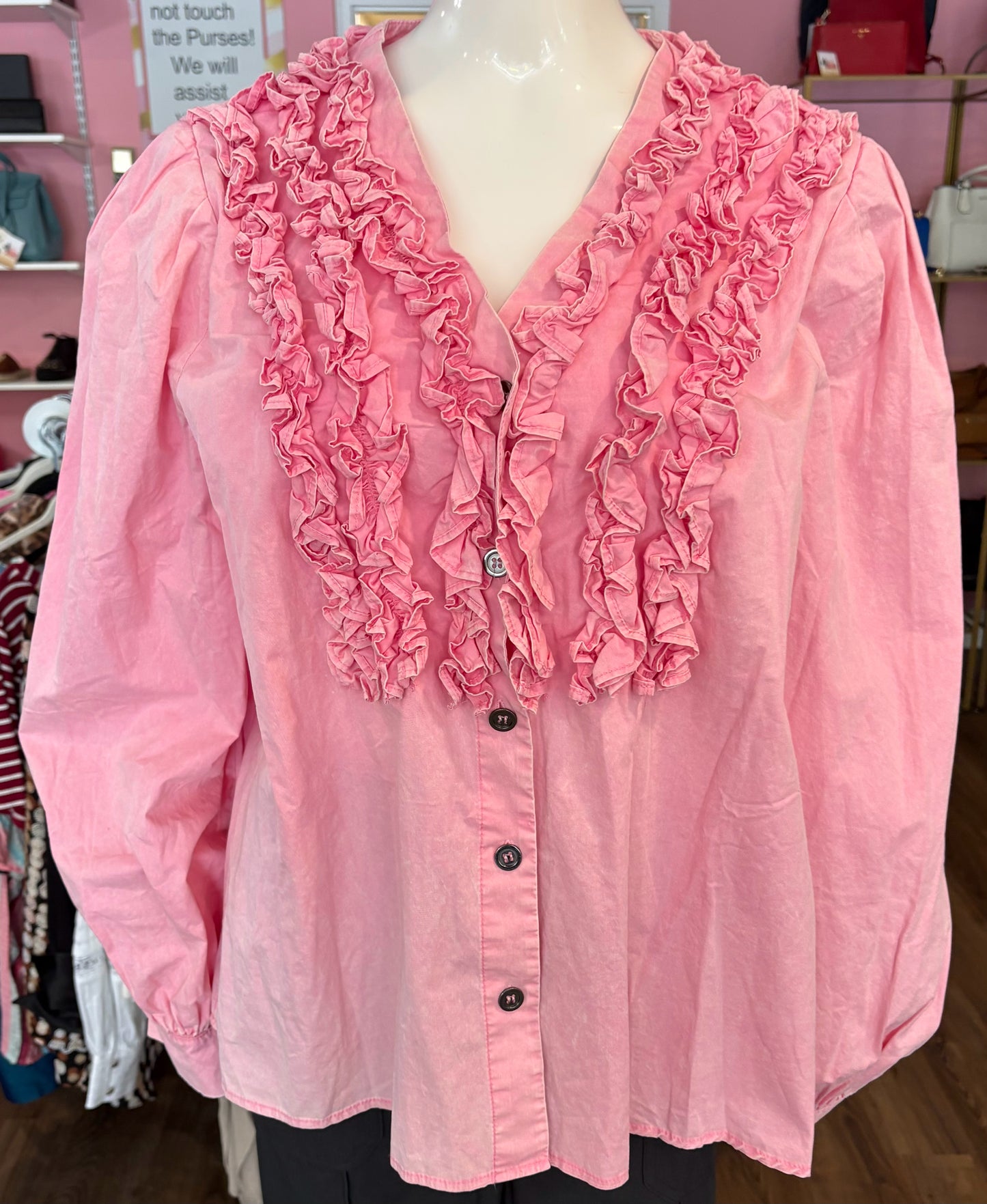 NWOT POL Pink Ruffled Button Down Cotton Top Sz:M
