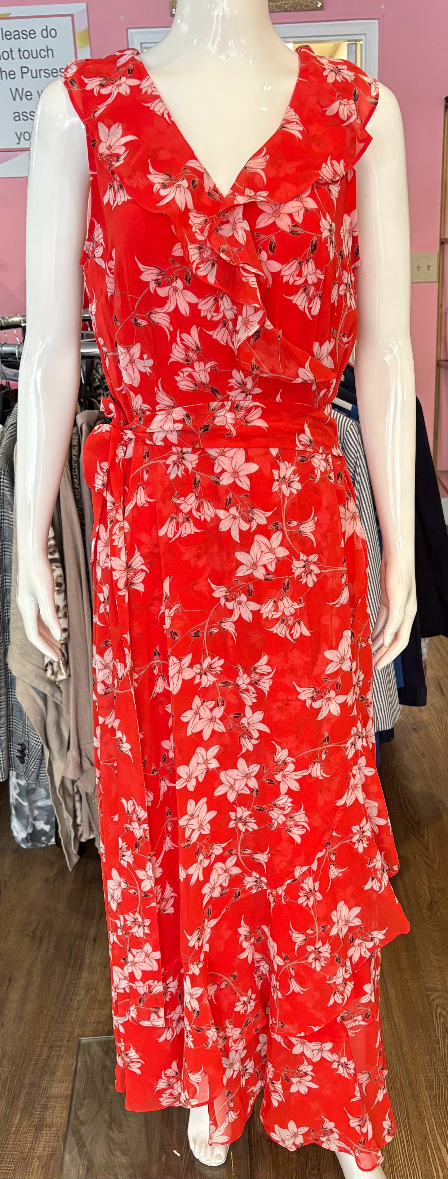 NWOT Calvin Klein Dark Orange Floral Sleeveless Maxi Wrap Dress Sz:10